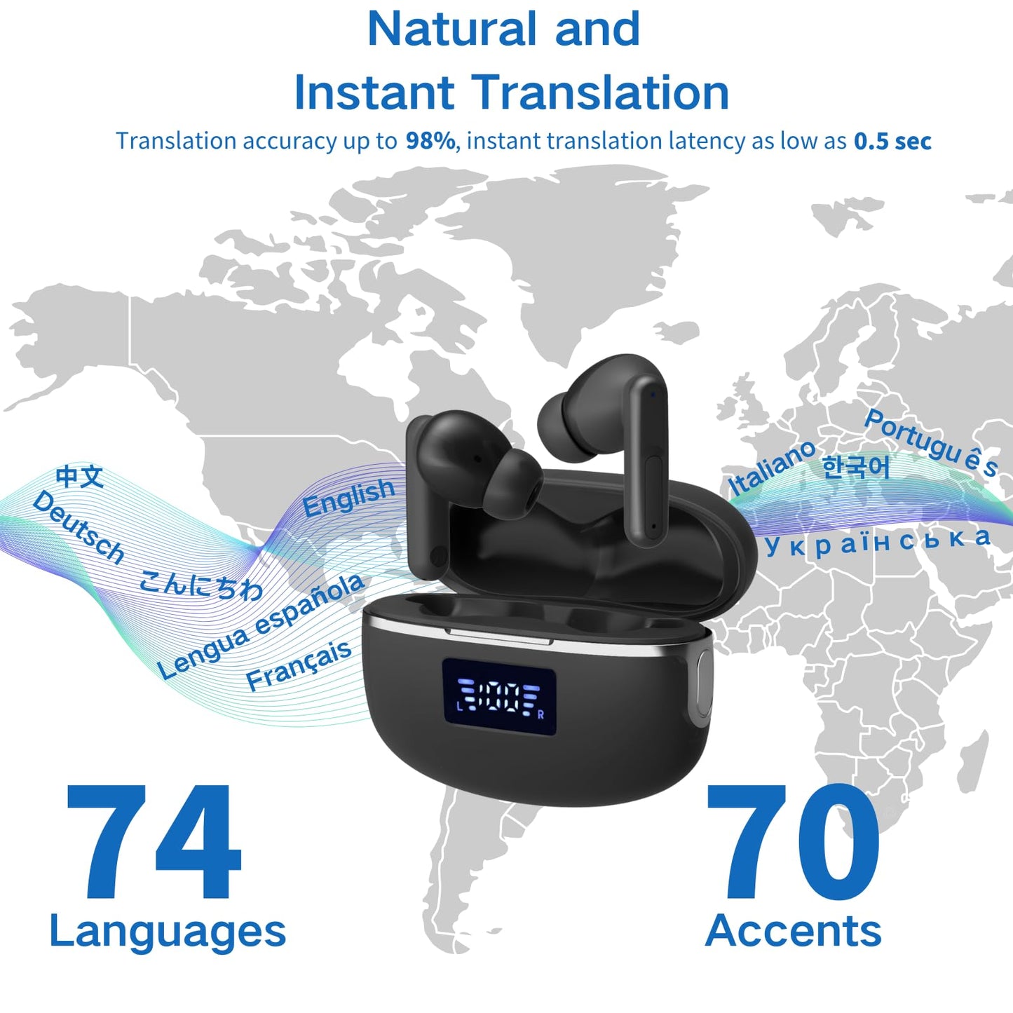 Real Time Language AI Translator Earbuds, Seamless 144 Language Translation with App Support for iOS and Android, Bluetooth 5.3 Connectivity - Audio Translator (Black)