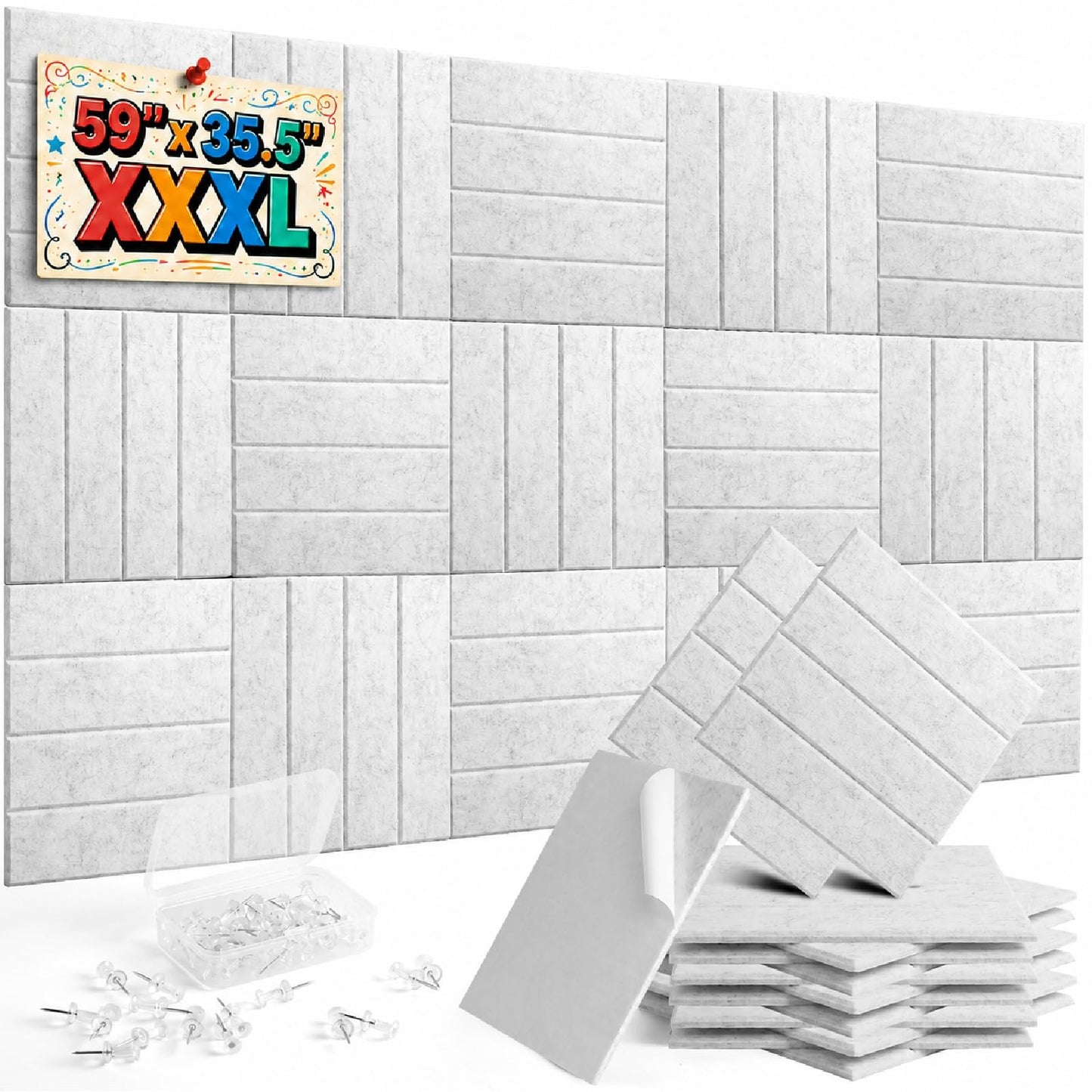 Large Felt Bulletin Board 59" x 35.5" 15 Pack Self-Adhesive Modular Felt Tiles, Cork Board Alternative for Wall, Acoustic Soundproof Panels for Home Office Classroom Decor with 50 Push Pins (Grey)