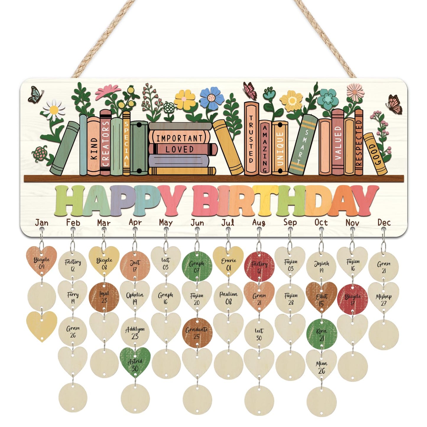 CHDITB Happy Birthday Wooden Reminder Calendar Board, Inspirational DIY Birthday Anniversary Board, Book Floral Birth Tracker Celebrations Hanging Plaque for Classroom Kids Room Decor 15.4''x 6.5''