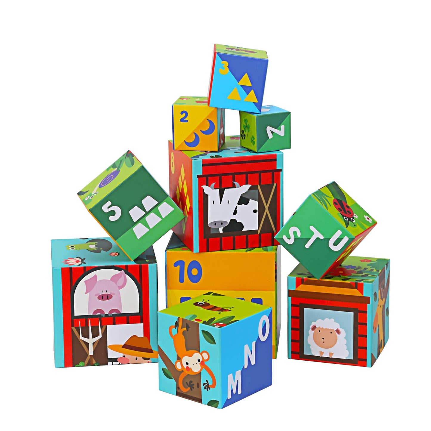 beeqoo 10 Pcs Nesting and Stacking Blocks for Toddlers 1-3 - Cardboard Stacking Cubes with ABC & Numbers - Montessori Educational Learning Toy - Sturdy Toddler Tower Building Set for Kids