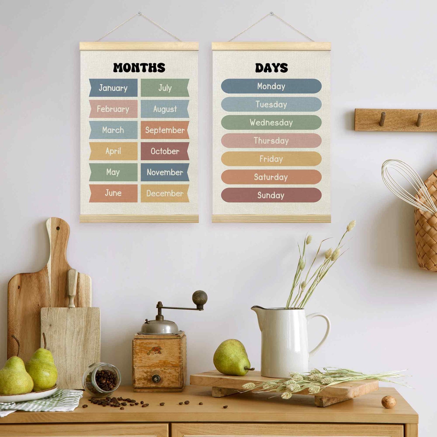 TLESKE Months of the Year Days of the Week Chart Poster Hanger Frame for Toddler Kid Classroom Set of 2, Homeschool Hanging Wall Art for Nursery Playroom, Preschool Learning Educational Poster, 16x24