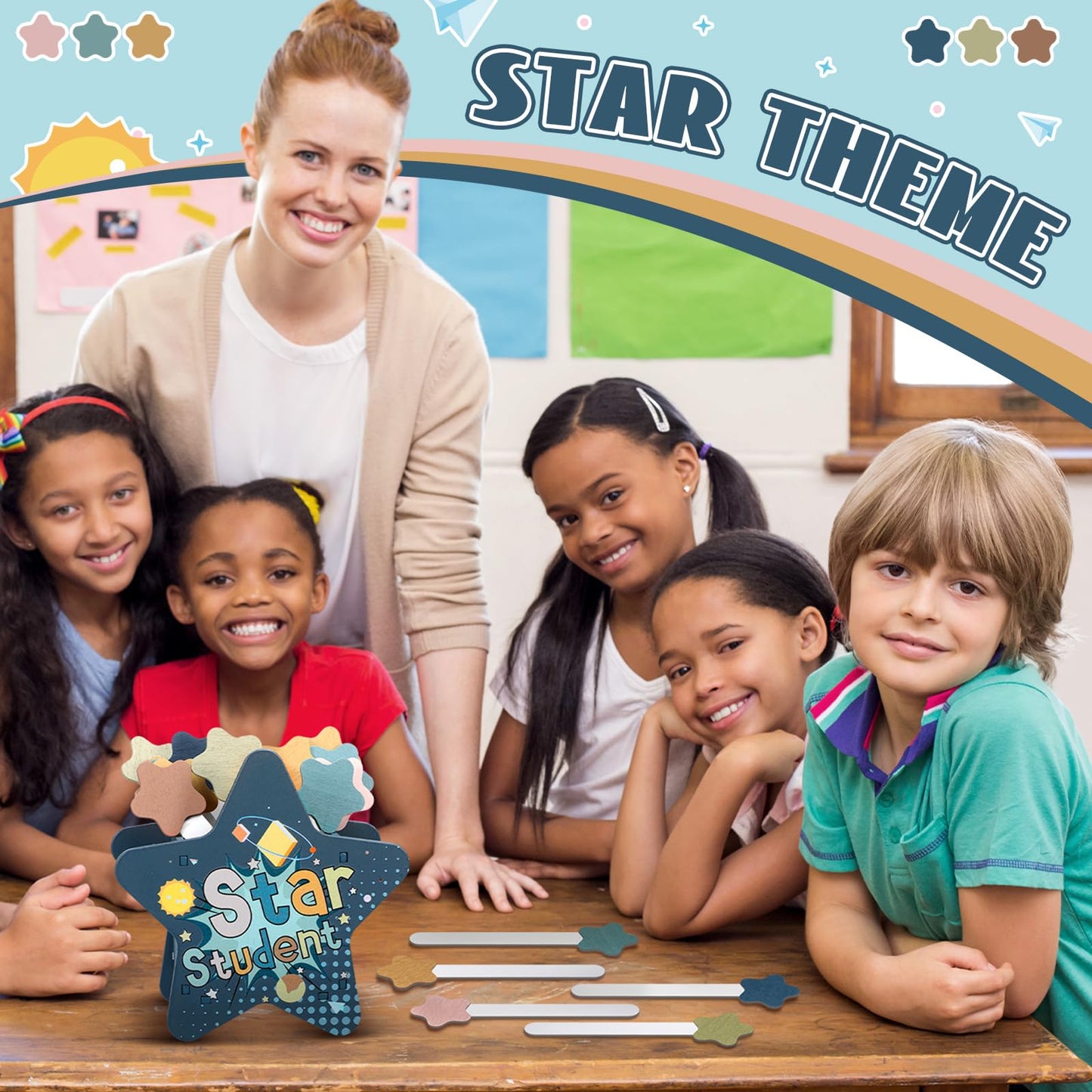 Motipuns 121pcs Back to School Star Flip Name Sticks with Storage Cup for Classroom Wood Talking Flip Name Sticks Bulk Teacher Student Grouping for Educational and Learning Classroom Supplies