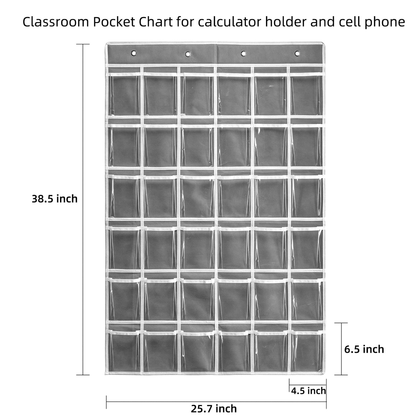 SAVERHO 36 Clear Pockets Classroom Pocket Chart for Cell Phones and Calculator Holder, Pocket Chart for Classroom Phone Holder with Number Stickers and Hooks (Grey)