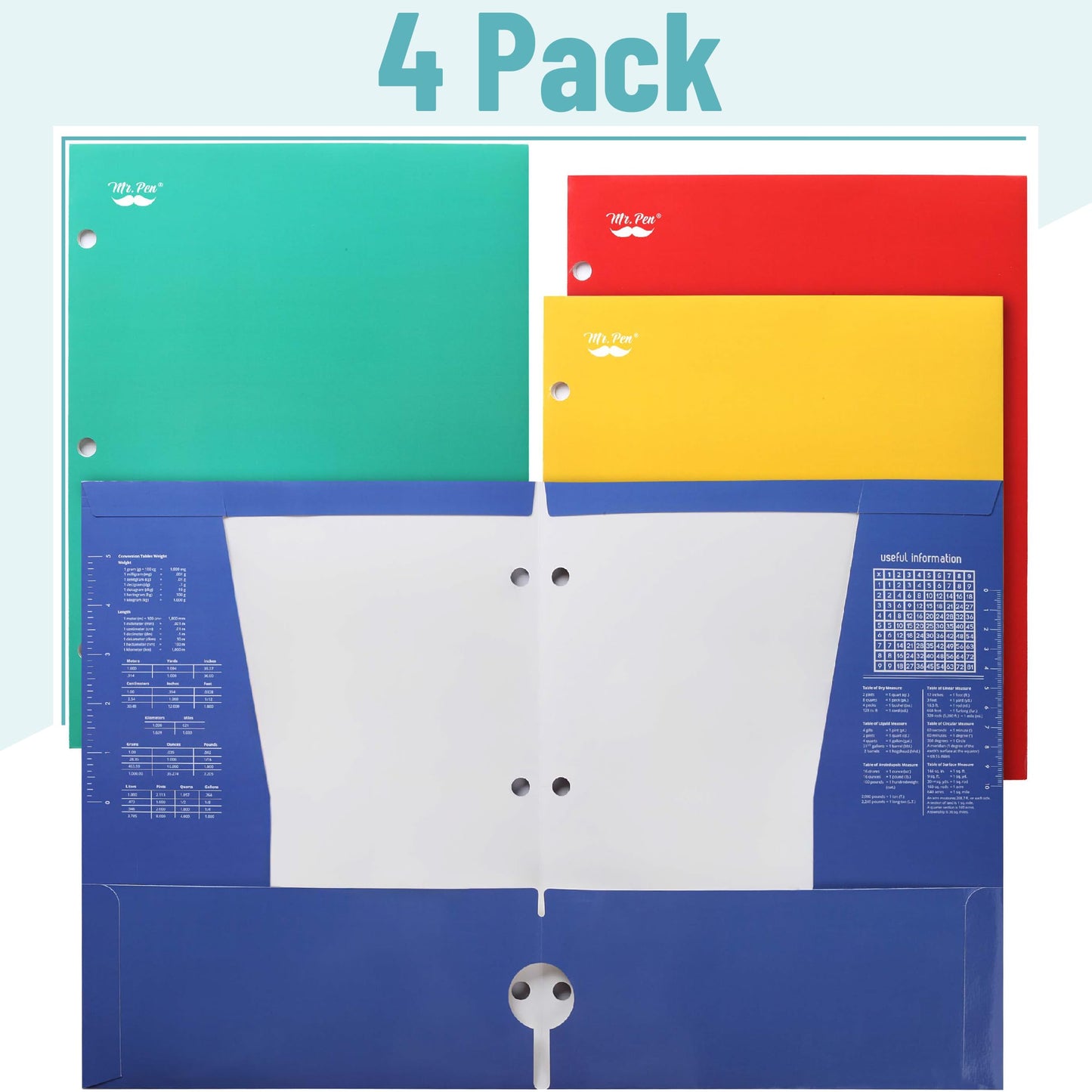 Mr. Pen- 4-Pocket Folders, 4 Pack, 12.5" x 9.5", Vibrant Colors, Tear-Resistant Paper Folders with Pockets 3 Holes Punched, High Capacity, Includes Rulers and Conversion Charts for Binder Organization
