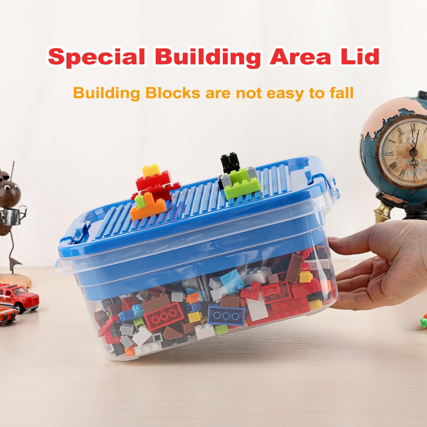 OGANAZI Plastic Storage Container with Bricks Baseplate Lid for Building Blocks, Bricks Building Set Organization Bin with Compartments Tray, Stackable Storage Box Building Block Chest Case (Blue)