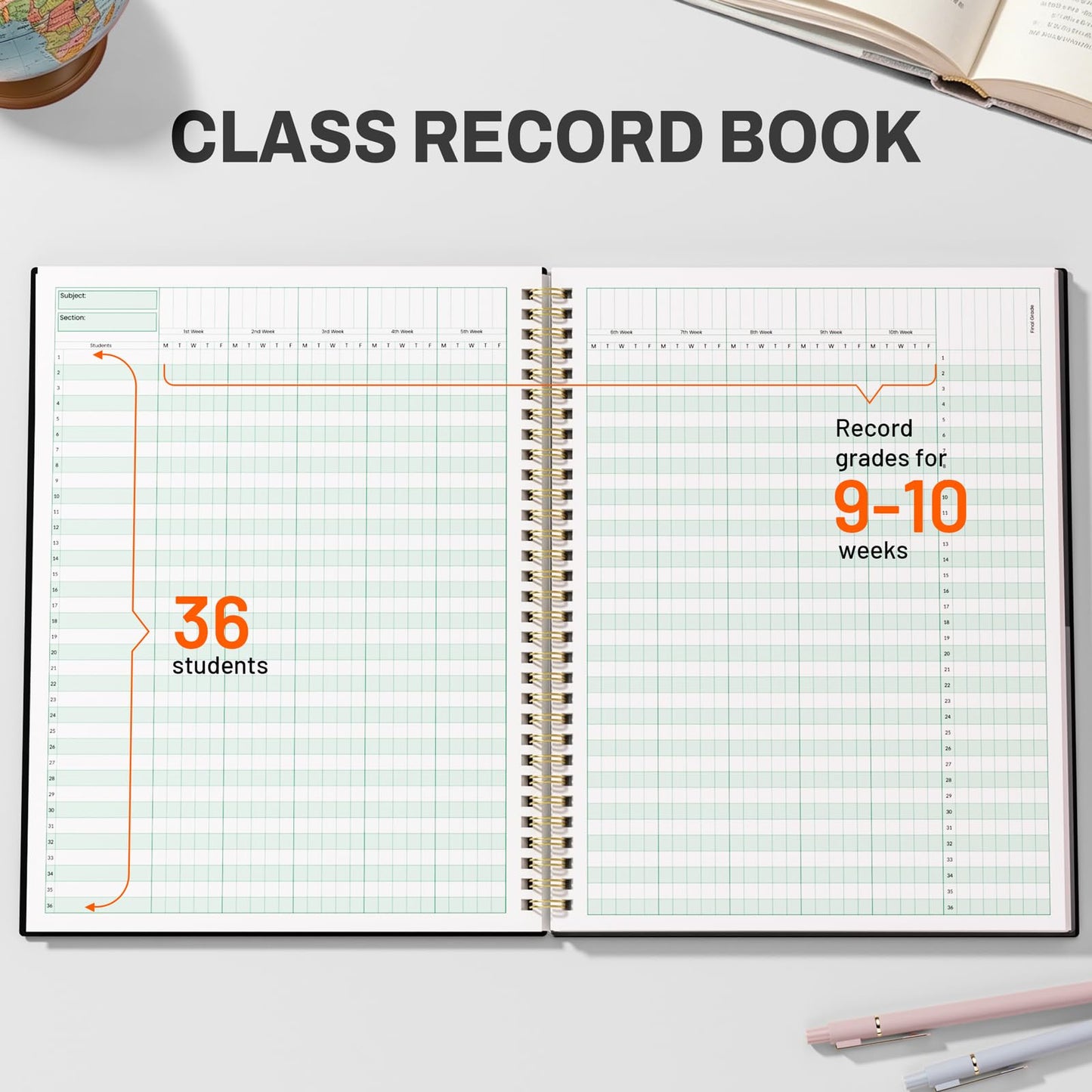 SUNEE Teacher Class Record Book for 9-10 weeks, 36 Names, 8.5x11 Inch, 104 Pages (52 Sheets), 100gsm Thick Paper, Larger Grade Recording up to 36 Students with Water-Resistant Plastic Cover, Black