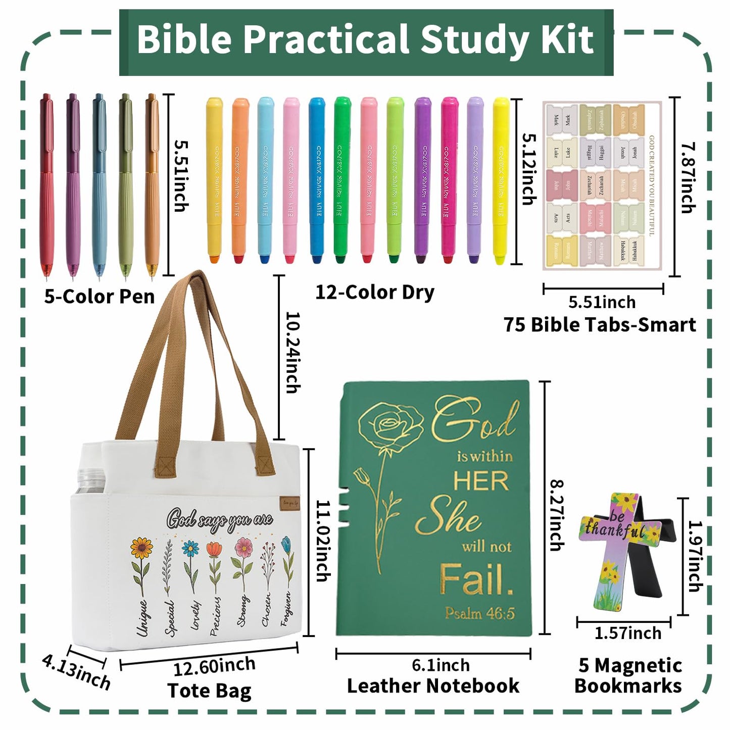 25 PCS Bible Study Supplies Kit, Large Capacity Canvas Tote Bag for Women Organizer, Bible Highlighters and Quick Dry Pens No Bleed Through, Notebook Bible Tabs Cross Bookmark Journaling Accessories