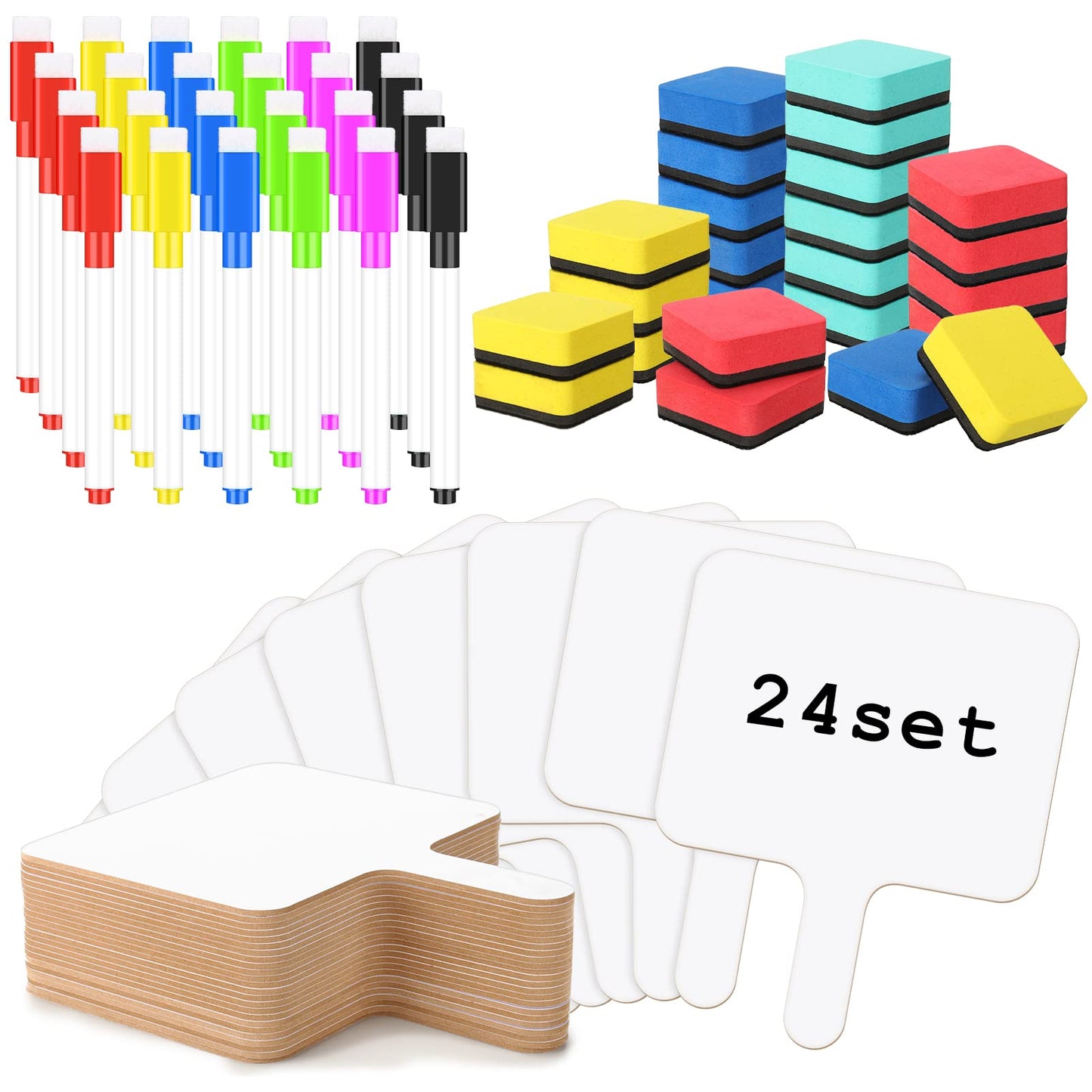 Harloon 72 Pieces Dry Erase Answer Paddle Set 7.8 x 9.8 Handheld 24 Wooden Answer Board Dry Erase Paddles with 24 Markers 24 Magnetic Erasers for Students Teaching Supplies(No Spectrum)
