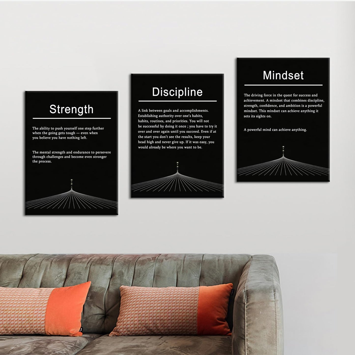 PSYYSP 3 Piece Motivational Wall Art Discipline Strength Mindset Quotes Canvas Pictures Framed Black And White Inspirational Posters For Office Decor Home Gym Modern Minimalist Artwork, 36x16 Inch