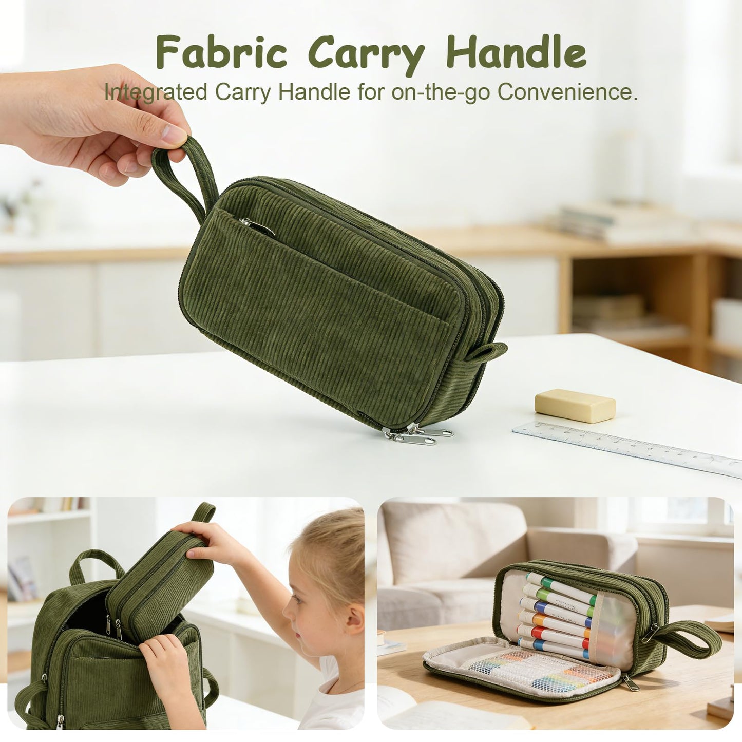 BuyCard Large Capacity Corduroy Pencil Case, Green Zipper Pouch, Aesthetic Pen Pouch, Supplies Organizer for Teen Girls Boys Women Men, Teacher Appreciation Gifts, Fathers Day Gift