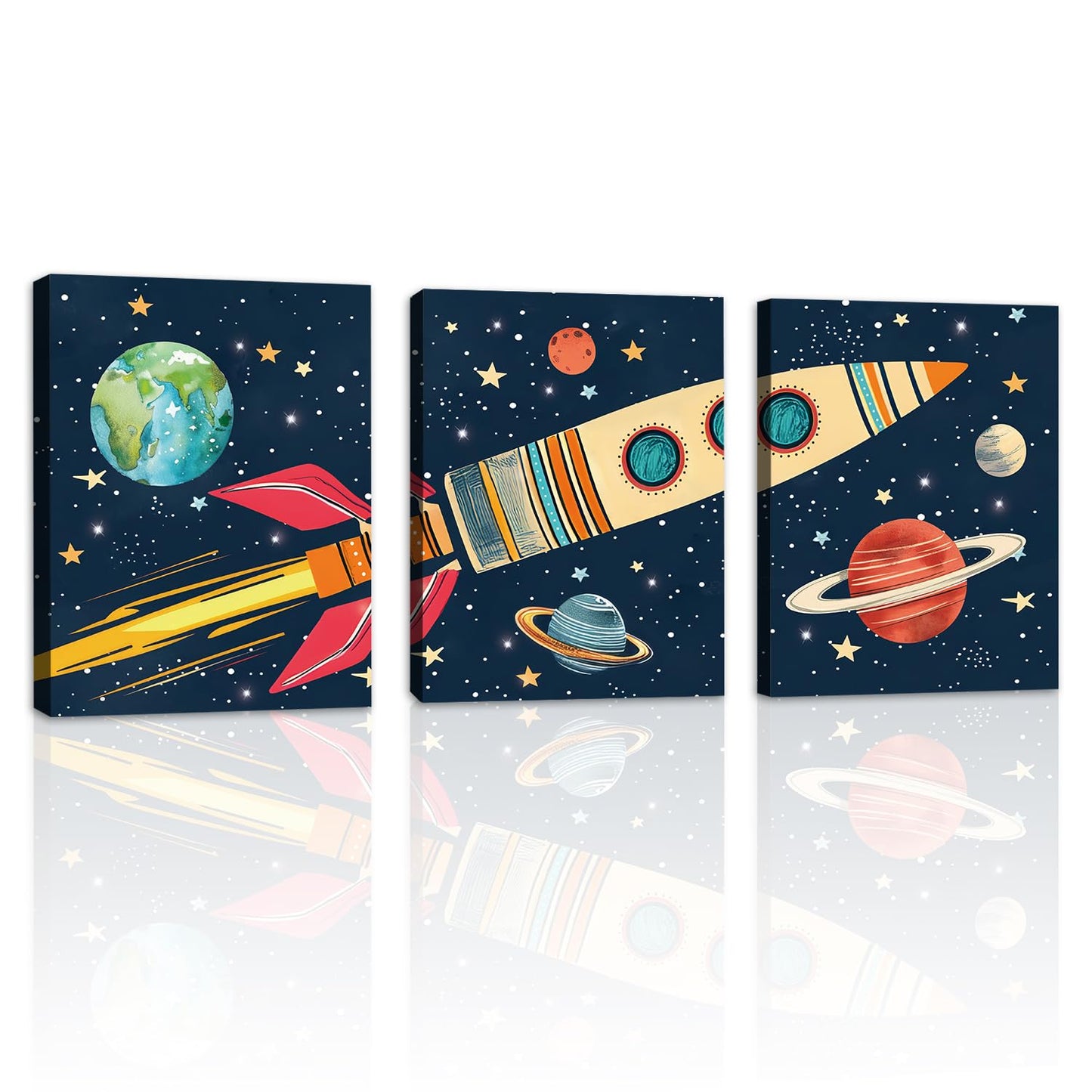 KAIRNE Rocket Outer Space Decor,Solar System Wall Art,The Planets Hanging Decor,Rocket Artwork Paintings out of space decor for Boys Bedroom Toddler Kids Room Classroom Decoration