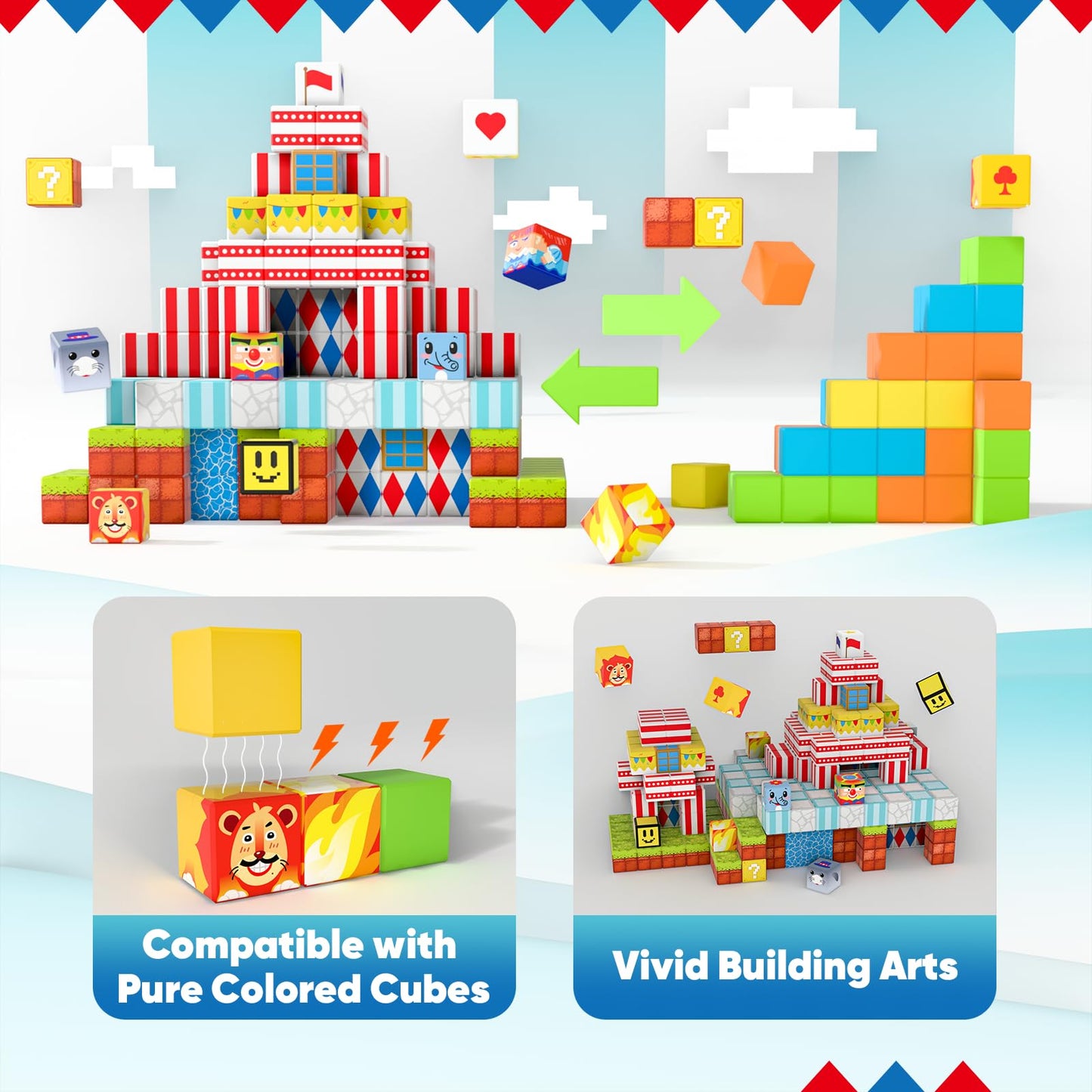 BRISTLIX 200PCS Magnetic Building Blocks with Storage Bag, 0.8in Joyful Circus STEM Magnet Cubes, Creative Construction Magnetic Blocks, Ideal Gift for Boys & Girls Age 3-12 Magnetic Cubes