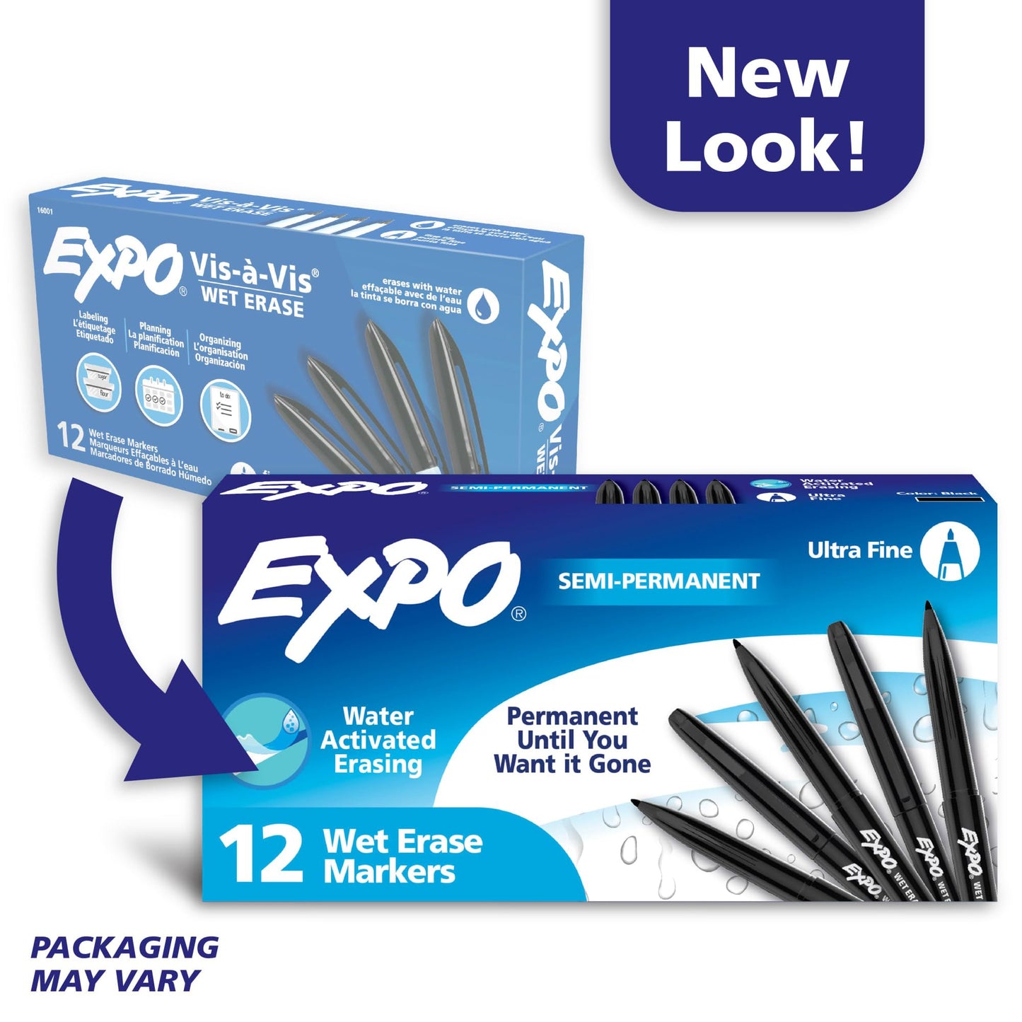 EXPO Wet Erase Markers, Semi-Permanent, Black, Ultra Fine Tip, 12 Count - For Writing on Glass, Whiteboards, Mirrors, Calendar, Labeling, Organizing (Pack of 12)
