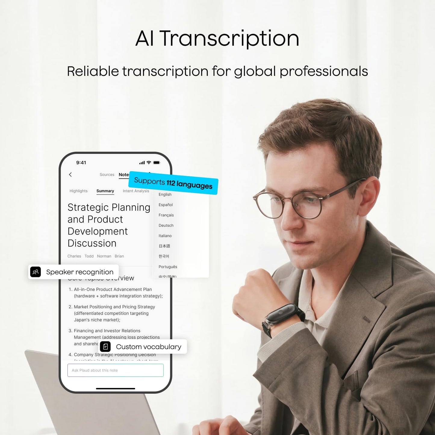 Plaud NotePin S AI Voice Recorder, Wearable AI Notetaker, AI Transcribe & Summarize, Support 112 Languages, 64GB Audio Recorder for Meetings Interviews, Professionals, Teams, with 4 Accessories