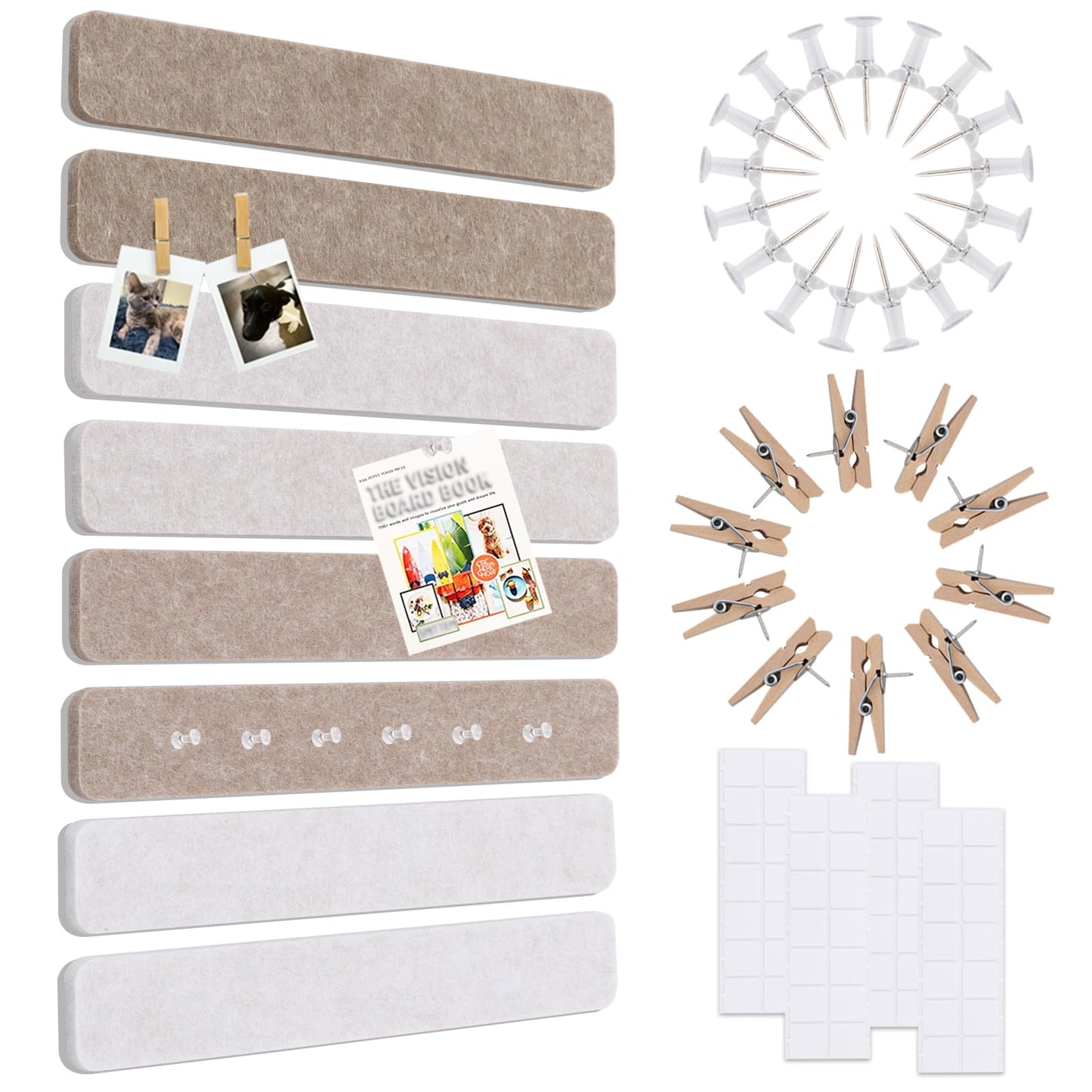 Vuzvuv 8 pcs Bulletin Board Bar Strips No Adhesive Backing with Glue Points ，Self Adhesive Cork Board for Wall，Felt Pin Board for School，Office Decor(Mix-Brown)