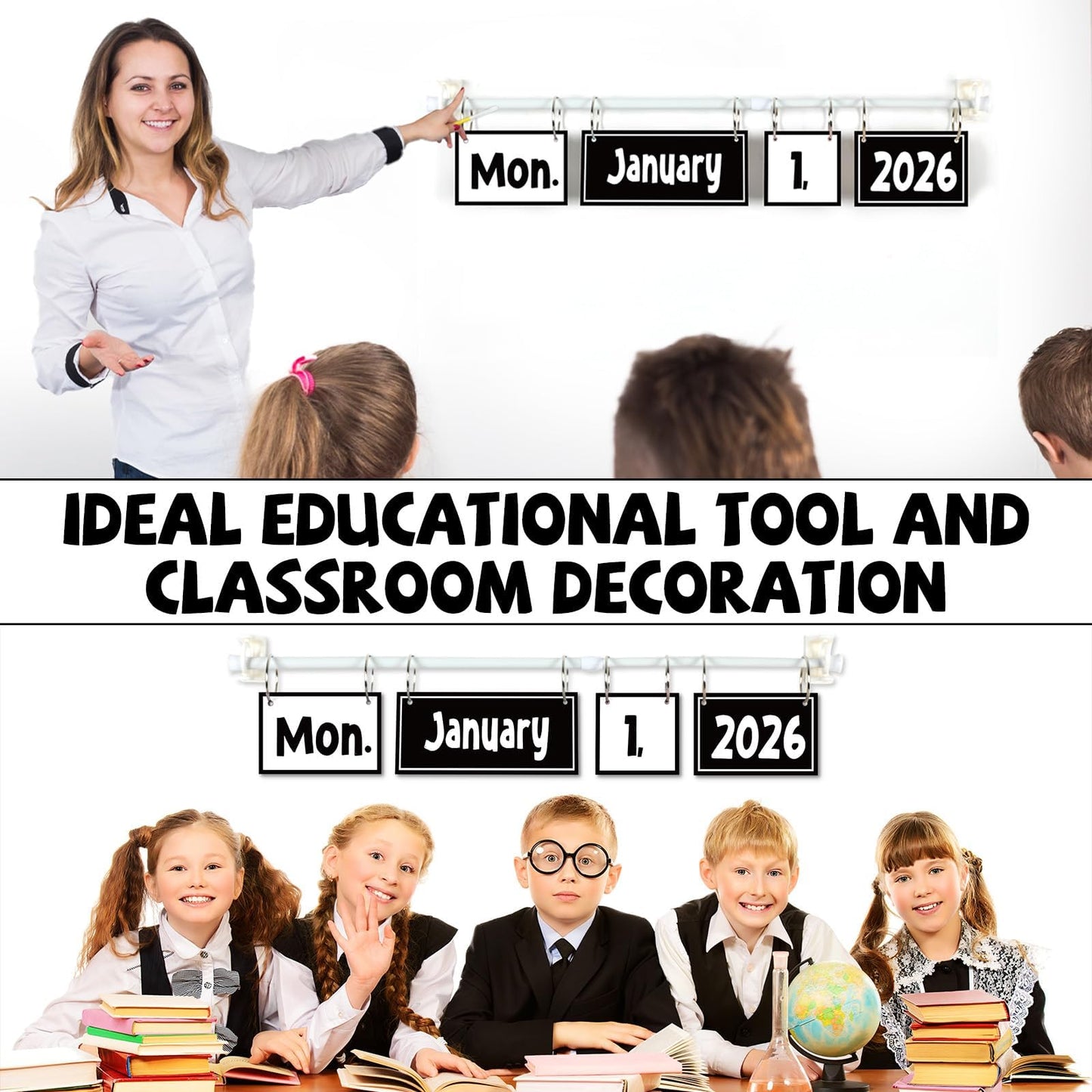 Black White Flip Calendar Bulletin Board Set Black Calendar for Classroom Whiteboard Decor with 2026 to 2030 Years Date Cards and Adjustable Rod for Home Elementary Back to School Teacher Supplies