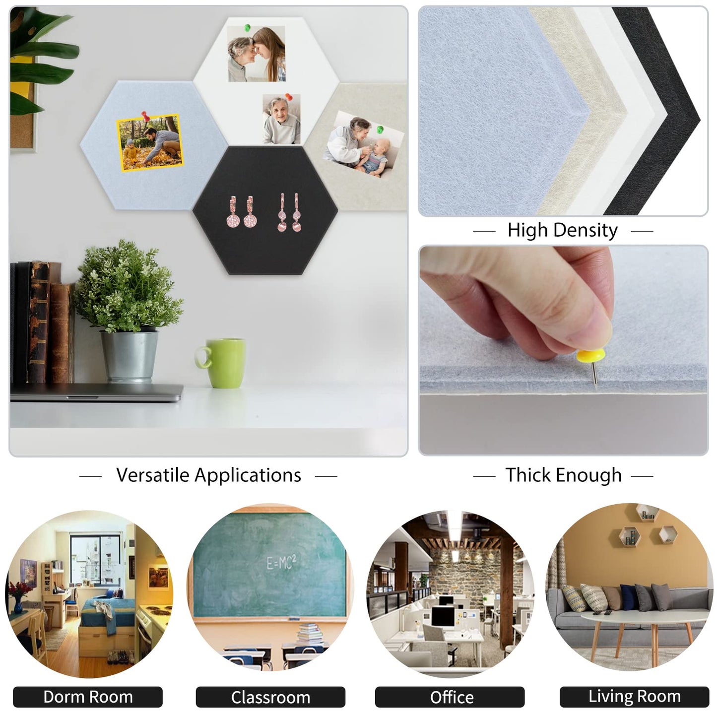 BXI Large Hexagon Felt Bulletin Board - 14.2 X 12.3 X 0.4 Inches 6 Pcs Self-Adhesive Poster Cork Board 30 Push Pins, Pin Tiles Display Vision Board, Photo Picture Panels for Home Office Classroom