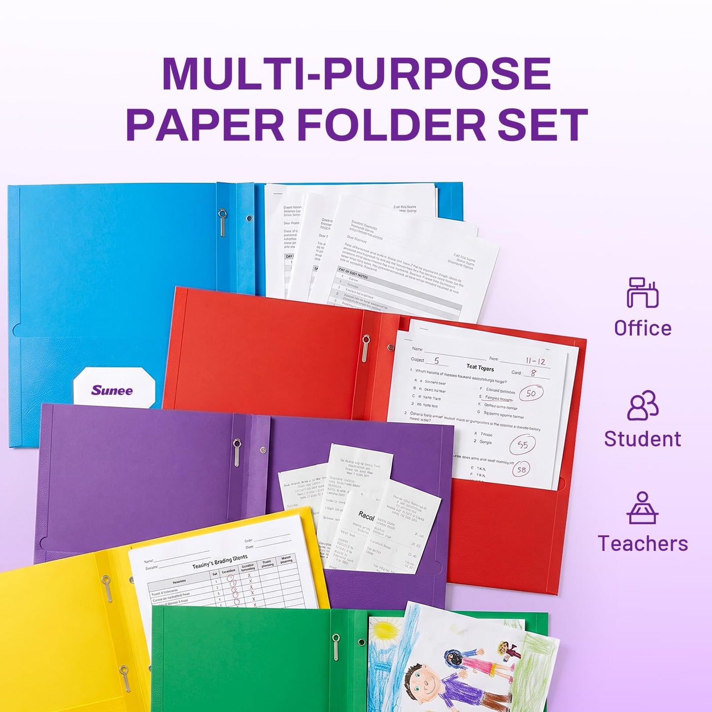 SUNEE 2 Pocket Folders with Prongs (25 Pack, Purple), Paper Folders with 2 Pockets and 3 Prongs Fit Letter Size Paper, Folders with Prongs for School Office Home Business