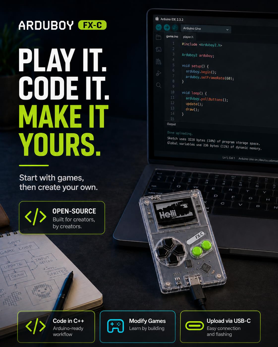 Arduboy FX-C Programmable Open Source 8-Bit Retro Handheld Game Console - 300+ Preloaded Classic Games, STEM Coding Board, USB-C Multiplayer, Credit Card Size Pocket Retro Gaming Device