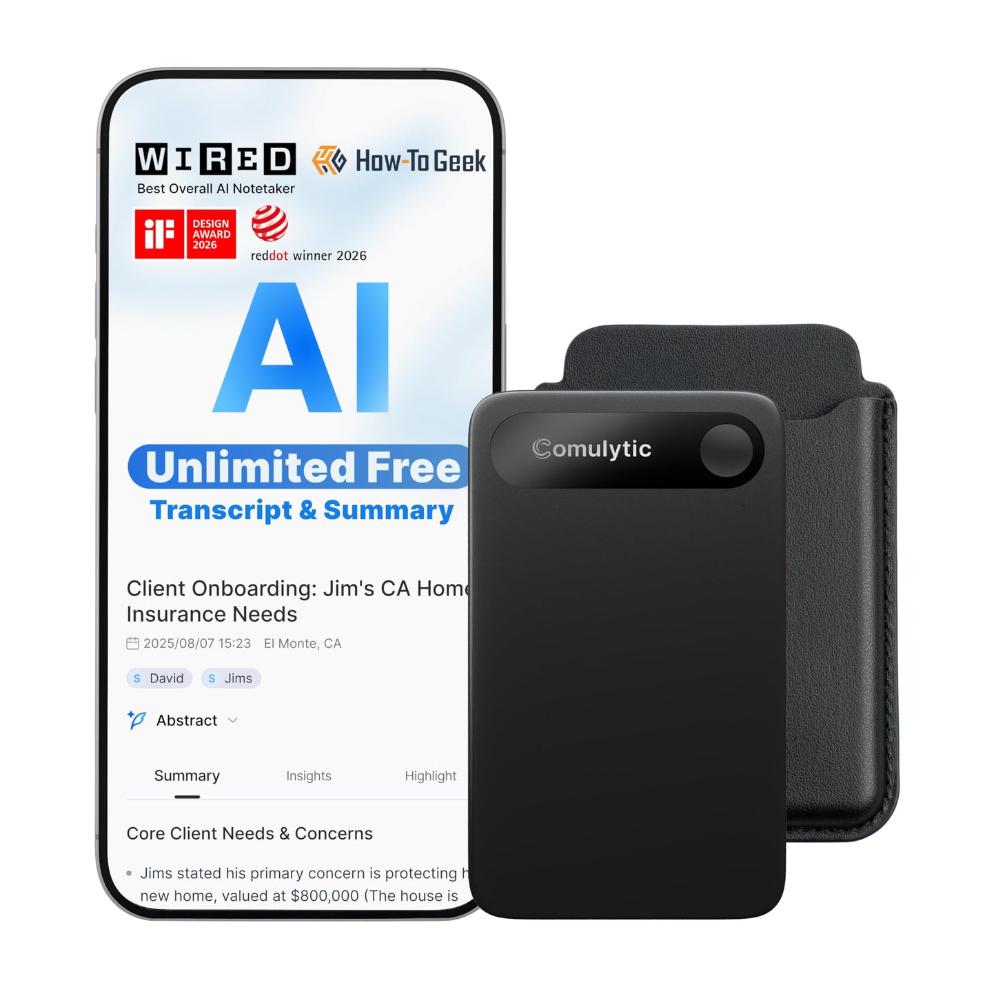 Comulytic Note Pro AI Voice Recorder, Unlimited Transcribe & Summarize, AI Note Taking Recording Device w/Case, App Control, 113 Languages for Calls, Meetings, Lectures, Interviews, Black