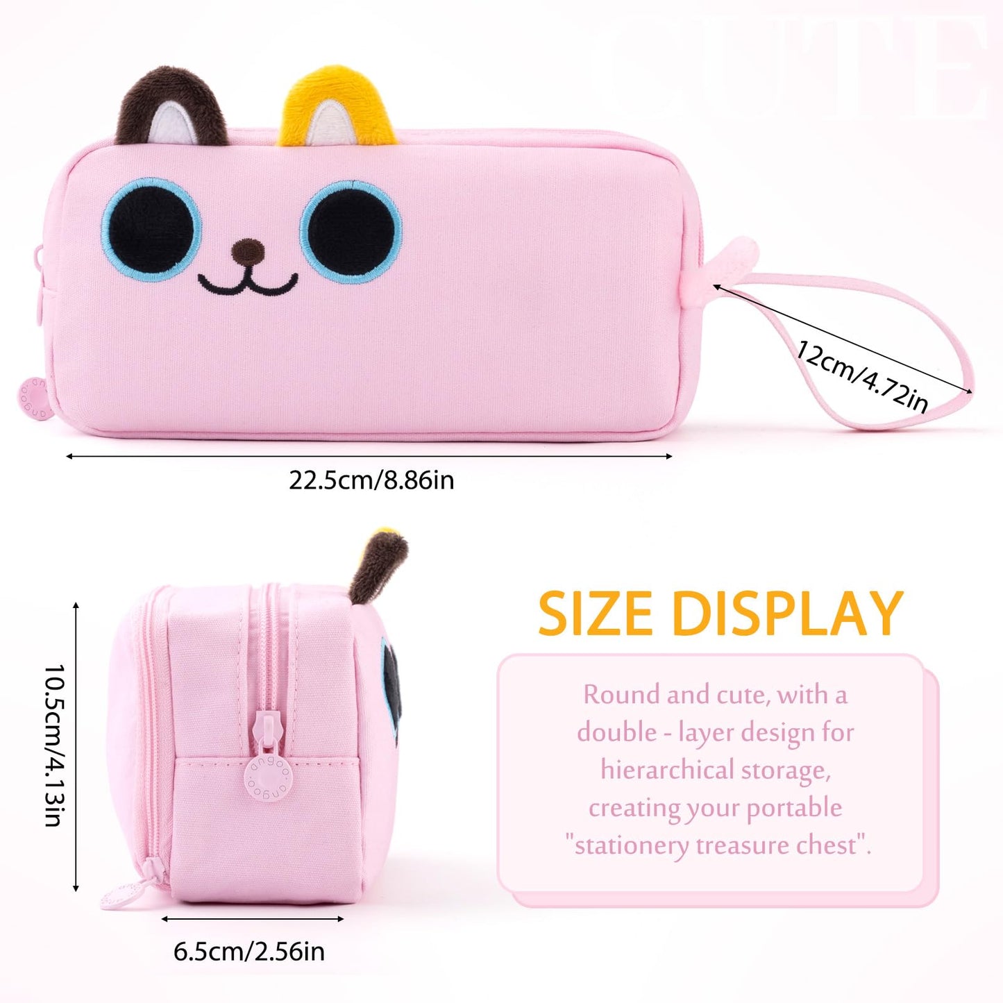 CICIMELON Cartoon Pencil Case, Large Capacity Pen Pouch with Embroidered Animal Design, School Supplies Bag for Kids, Teens, Students (Pink Kitty)