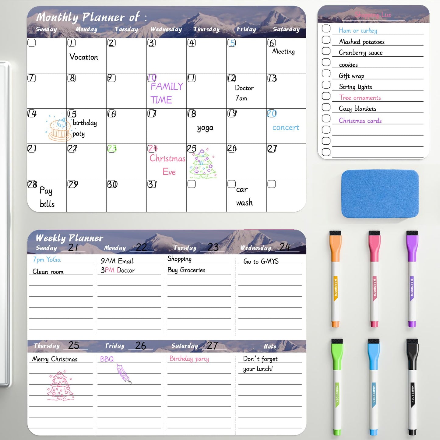 Marsrock Dry Erase Magnetic Calendar for Refrigerator (3 Pack) - Monthly & Weekly & Daily Planner Magnet Whiteboard for Fridge - Shopping, to Do List, Meal/Menu, Planning Board, 14"x11", Grey