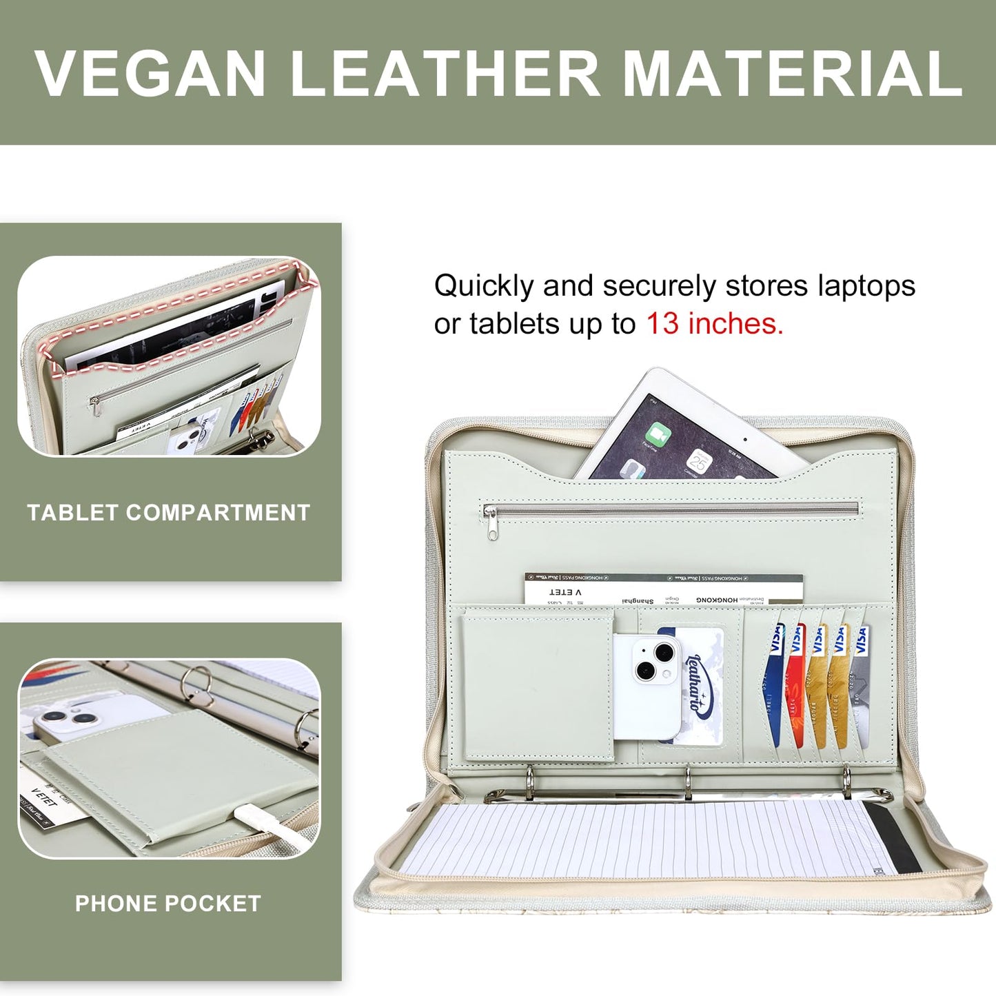 Leathario Portfolio Binder, Includes 5 Folder Index Dividers and 3 Notepads, 3-Ring Folder Organizer, Padfolio with Zipper, Vegan Leather Tablet Sleeve, Business Office Conference Clipboards
