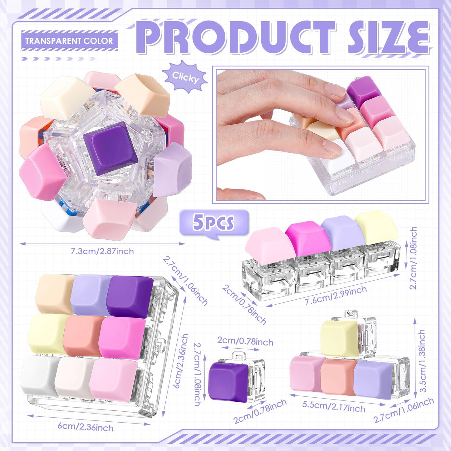 Halloscume 5 Pcs Keyboard Adult Fidget Clicker in 5 Styles Keyboard Fidget Keychain Cube Mechanical Key Button Clicker Stress Relief Gift for Office Home Pass Time(Purple Pink)