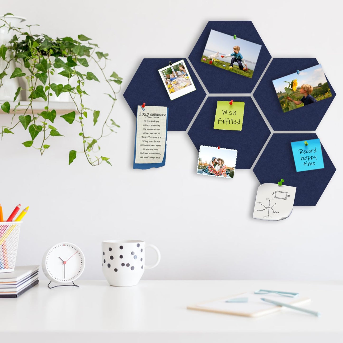 SEG Direct Hexagon Felt Cork Board Tiles, Hexagon Felt Bulletin Board Tiles Self Adhesive Picture Board, Memo Notice Tiles Pin Board for Walls Office, 11.8" x 10.2", 5PCS(Dark Blue)