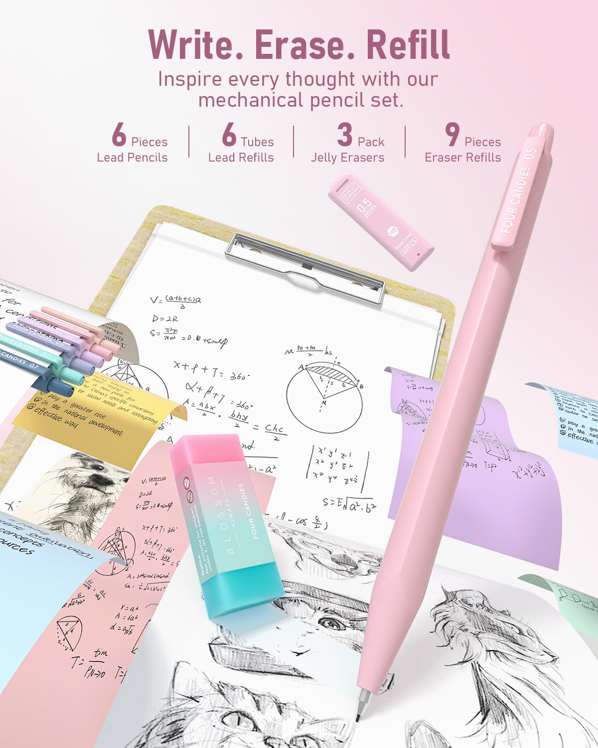 Four Candies 39 PCS Aesthetic Stationery Set with Cute Pen Case, College Supplies and Nursing Essentials, 12 Pastel Highlighters, 5 Black Gel Pens, 6 Mechanical Pencils, Pink