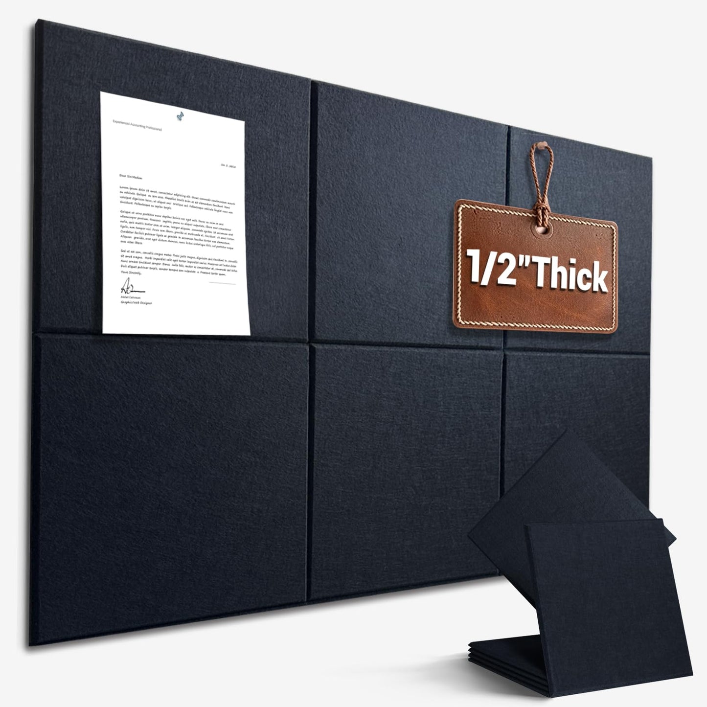 Large Cork Board for Office Wall Decor, 36"x24"- 6 Pack Felt Wall Tiles with Safe Removable Adhesive Tabs, 1/2" Thick, Felt Bulletin Board Pin Board Cork Boards for Walls - Black
