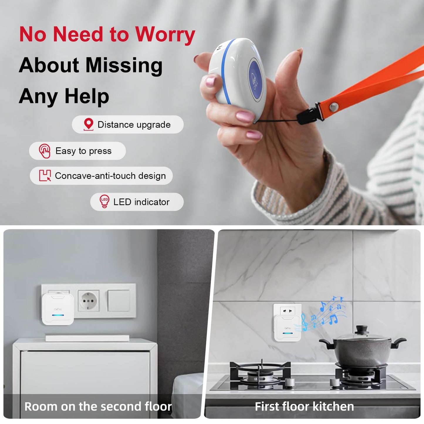 CallToU Wireless Caregiver Pager System, 500+ ft Range, Plug-in Receiver & Waterproof Call Button, Nurse Alert Emergency Call Button for Elderly, Home & Patient Care, Expandable Assist Call System