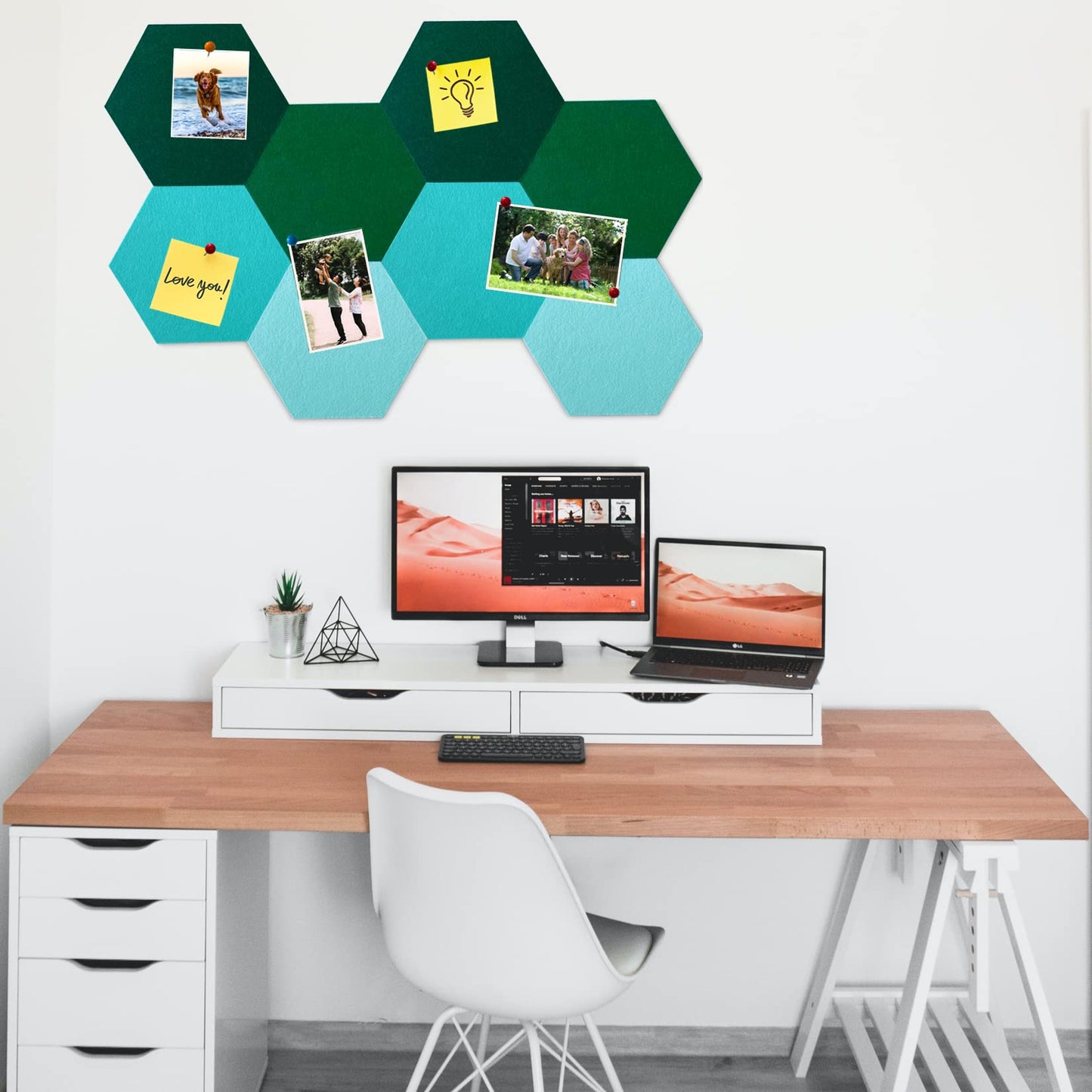 HULAVO 8Pcs Hexagon Felt Cork Board Tiles, Self Adhesive DIY Bulletin Board Pin Board for Office School Home Wall Decor Stickers Memos Photos Display (Gradual Green)