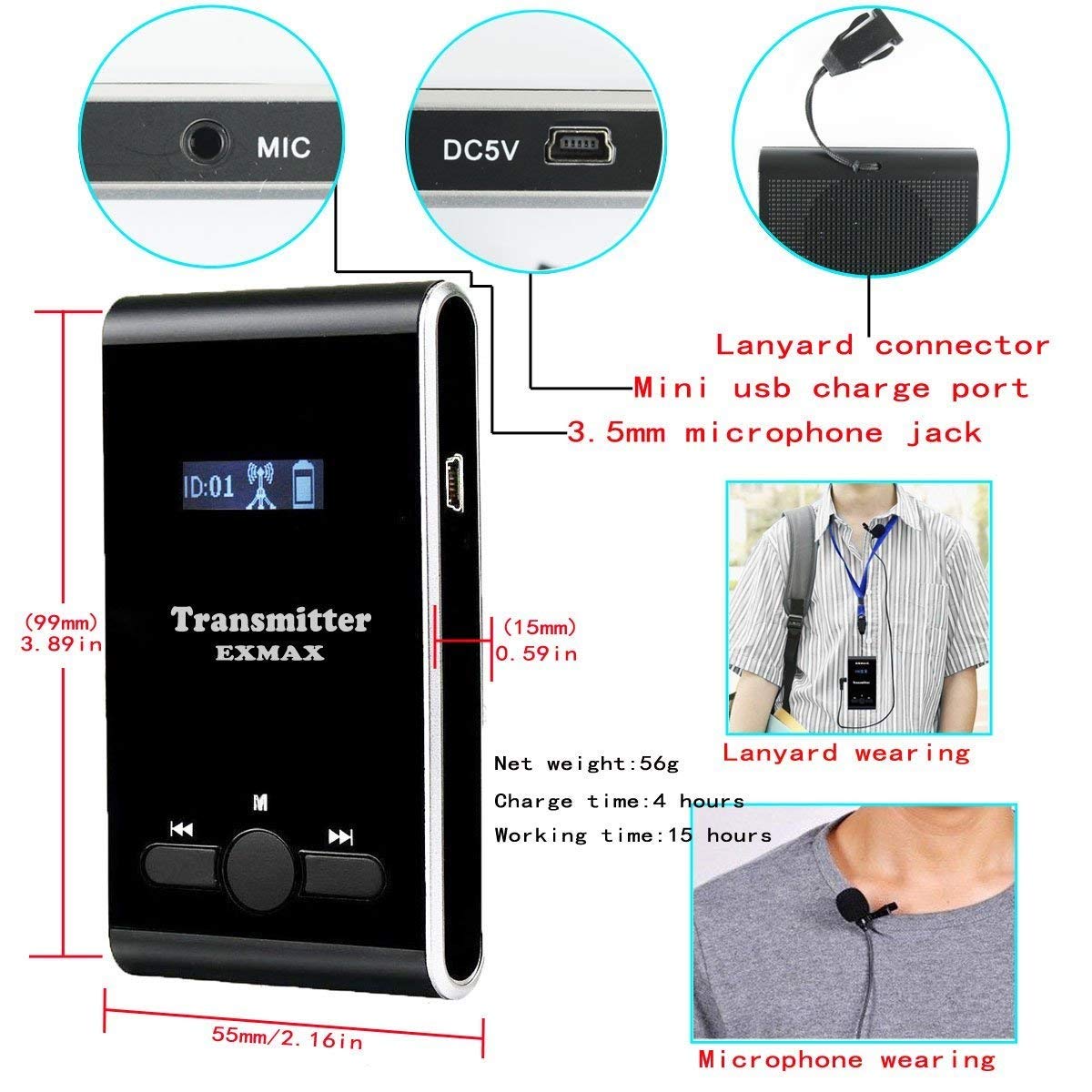 EXMAX® EX-100 Wireless Tour Guide System Translator Device for Courtroom Church Translation Simultaneous Language Interpretation City Tour Travel (1 Transmitter 8 Receivers 16-port Charging Station)