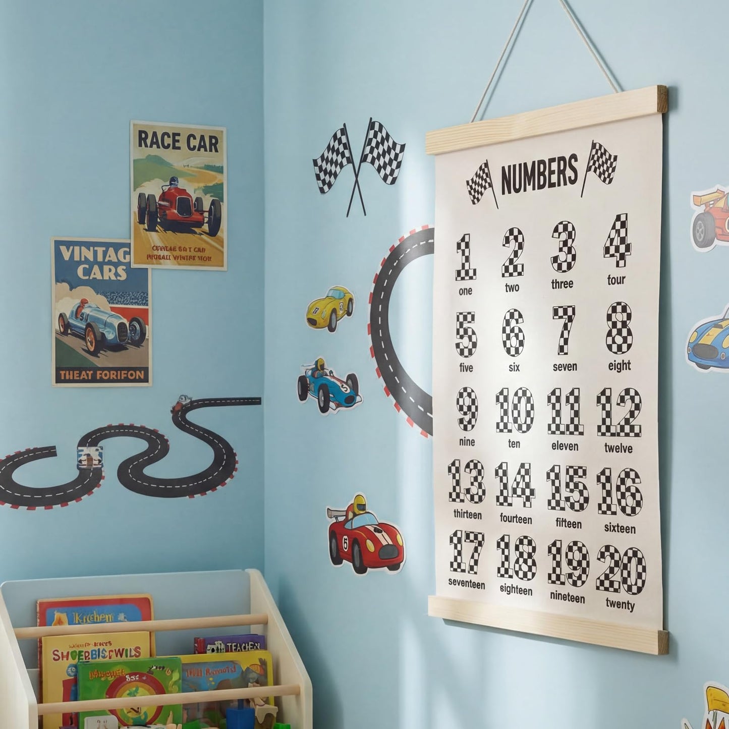 Fuyoooo Race Car Alphabet Posters Room Decor Cars Abc Poster Banner Educational Wall Art Posters with Hanging Wooden Frame 12 x 16 in for Preschoolers Kids Playroom Boys Nursery Bedroom