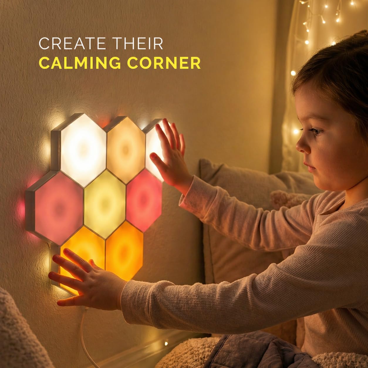 Emberela HEXlights Sensory Lights for Kids - 7pk Touch Hexagon Lights, Remote Controlled - Autism-Friendly Tap Tap Wall LED Panels for Sensory Room - Table Stand Included
