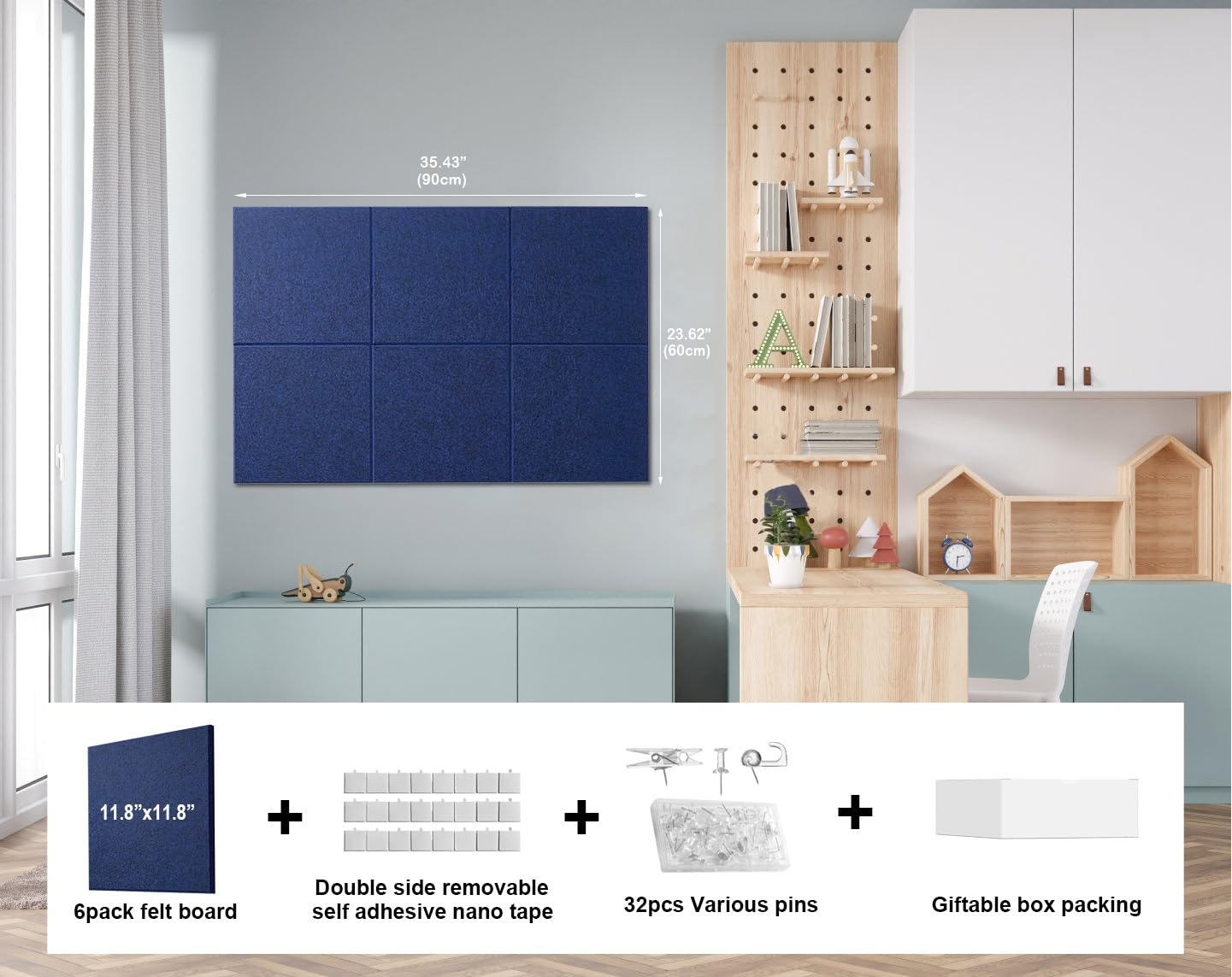 G Gamit Felt Wall Tiles Bulletin Board Large Cork Board Alternative 6 Pack 11.81”x11.81”x0.47” Felt Pin Board Tack Board with Safe Removable Adhesive Tabs for Home Office School 36x24 (Dark Blue)