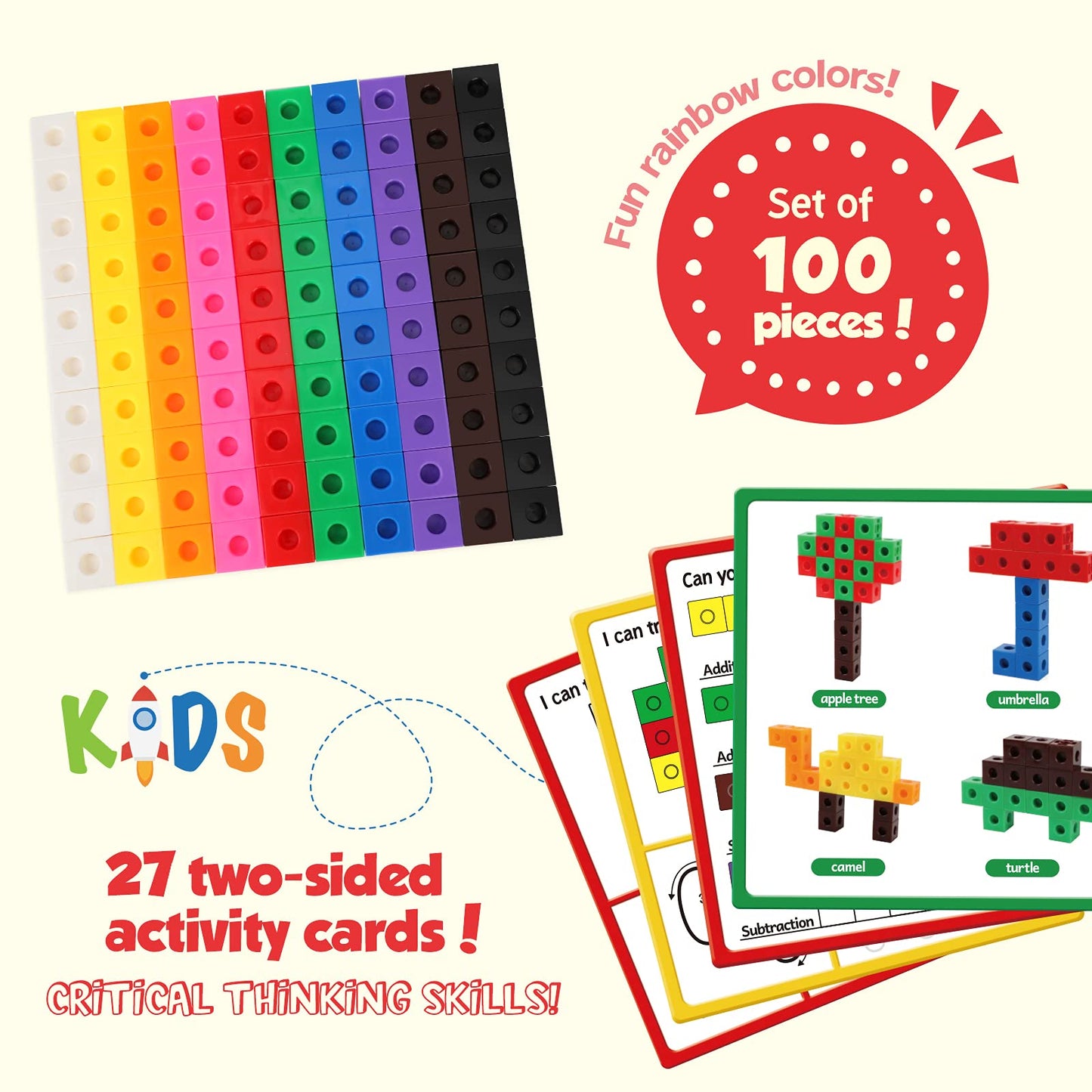 Torlam Math Cubes Math Manipulatives Activity Set, Counting Toys Snap Linking Cube for Kids Kindergarten Learning Activities