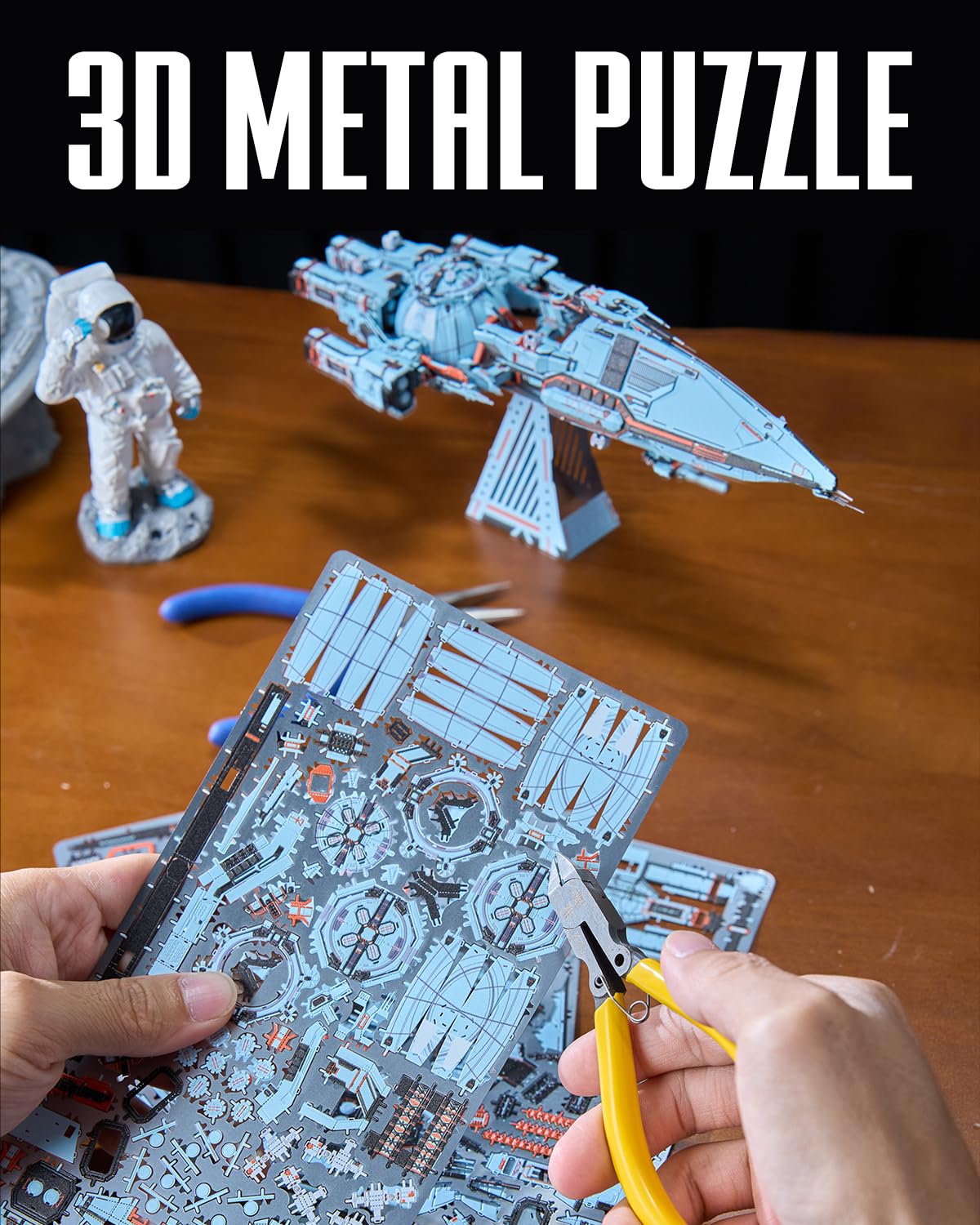 Piececool 3D Metal Puzzles for Adult, Three-Body Blue Space Starship Metal Model Kit, DIY Spaceship Building Kit Crafts for Adults to Build Home Decoration Best Gifts