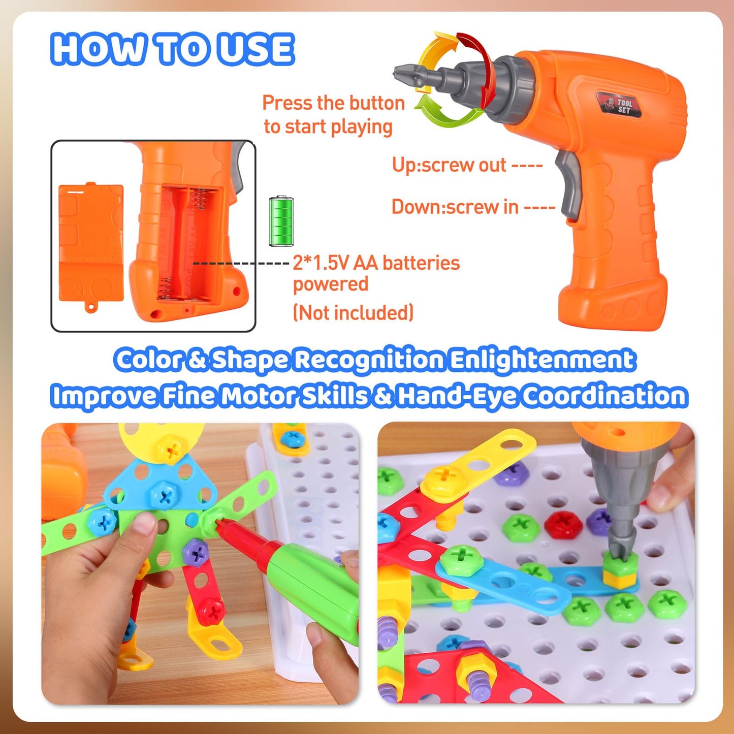 224 PCS STEM Building Toys for Kids Ages 4-8, Creative Mosaic Drill Set with Electric Drill & Screwdriver, 2D/3D Building Blocks Kit, Educational Birthday Gift for 5 6 7 8 9 10 Year Old Boys Girls
