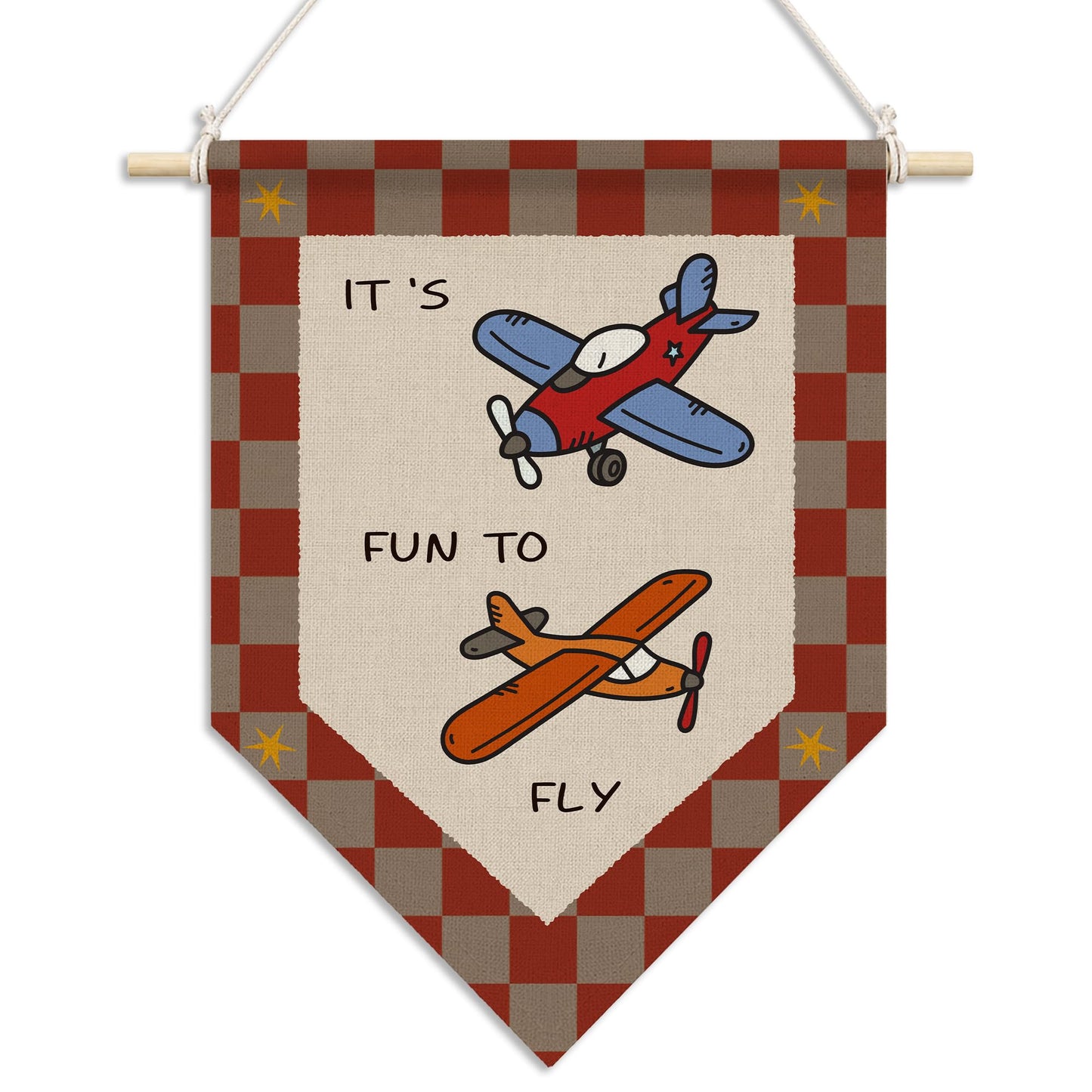 RUKUPA Airplane Nursery Wall Art Decor, Kids Playroom Hanging Pennant Flag, Airplane Aviation Retro Red Checkered Wall Art Poster Hanger for Kids Boys Nursery Room Playroom Bedroom Decor, 11x15 Inch