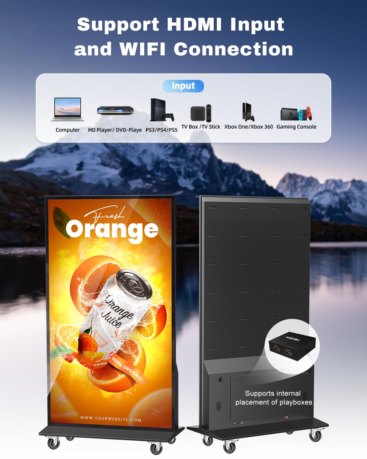 SIOXCFZ 75-inch Full Screen Digital Signage Display, 4K UHD 2160P Screen Indoor Floor Standing Kiosk Stand, Android 11 OS Auto Media Player Advertising Poster with Remote Control, HDMI/WiFi/USB
