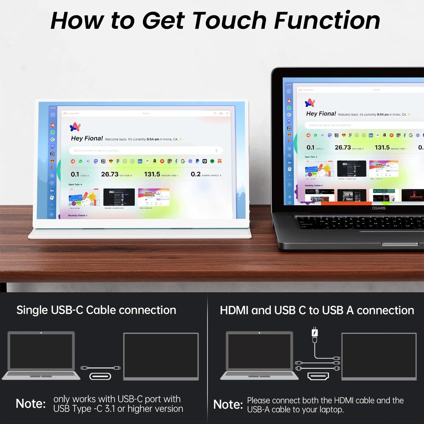 Prechen 15.6'' Touchscreen Portable Monitor, FHD IPS Display with Built-in Speaker & Protective Case, 10-Point Touch Screen, HDMI & USB-C Travel Monitors for Laptop, PC, Phone,Metal Gray + White