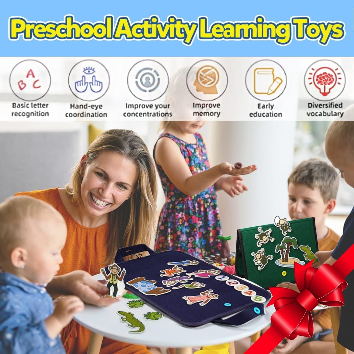 CHEFAN Felt Board for Toddlers, Felt Pieces Storytelling Flannel Board with 5 Little Ducks, 5 Little Monkeys and 5 Green Speckled Frogs Stories for Preschool Activities, 4 Sets