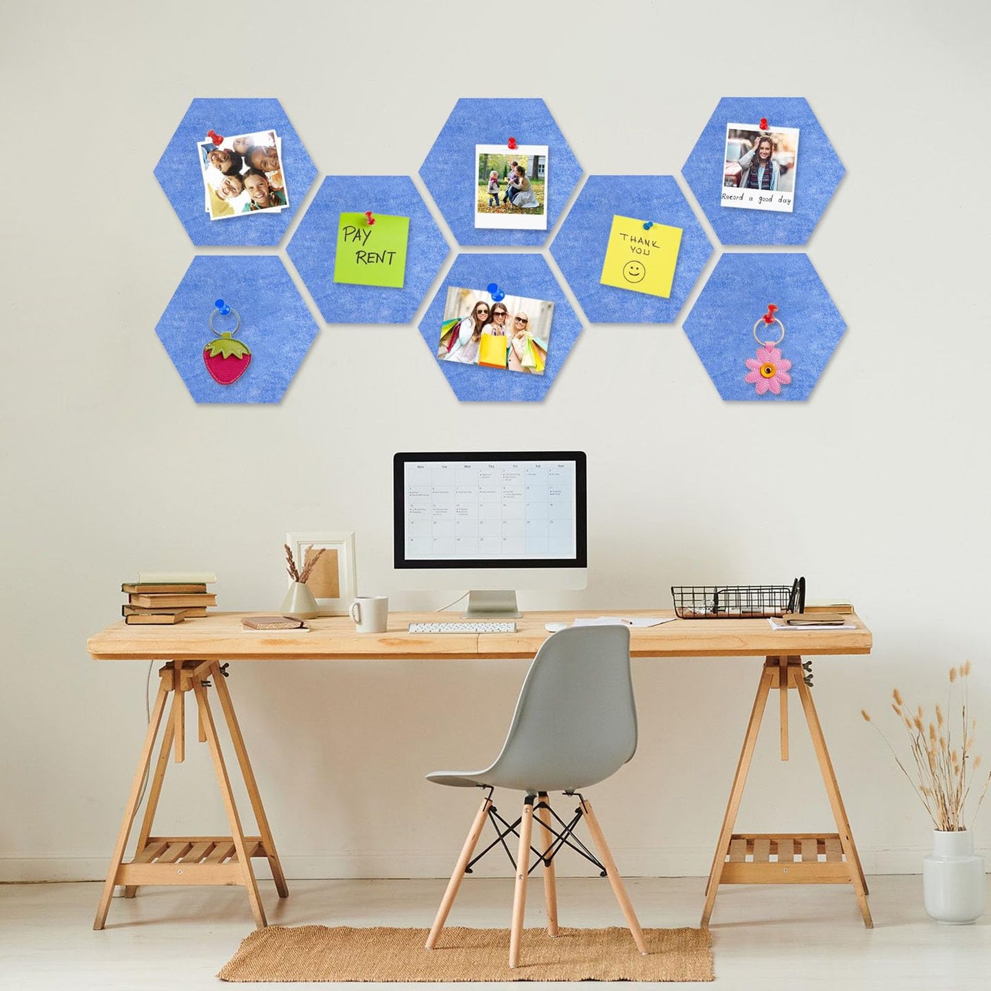 8 Packs Sky Blue Hexagon Felt Pin Board, 12" Bulletin Board with 30 Push Pins, Felt Board for Home Kitchen Office Decor, Self-Adhesive Corkboard Tiles for Walls Message Photos Memos Display