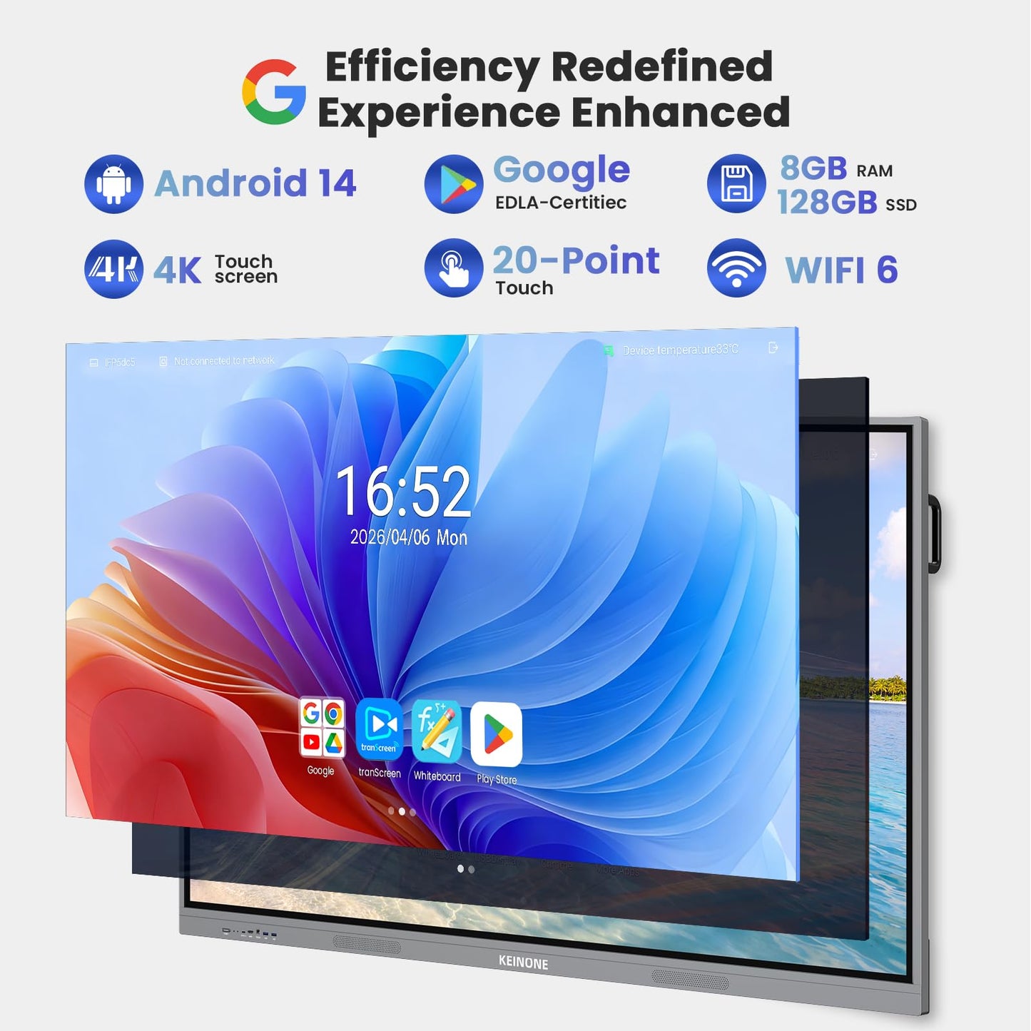 KEINONE 65'' 4K Smart Board with Google Certified, Android 14 OS 8+128 GB Interactive Whiteboard, Electronic Digital Whiteboard with Open App Ecosystem, Touch Smartboard for Home, Office and Classroom
