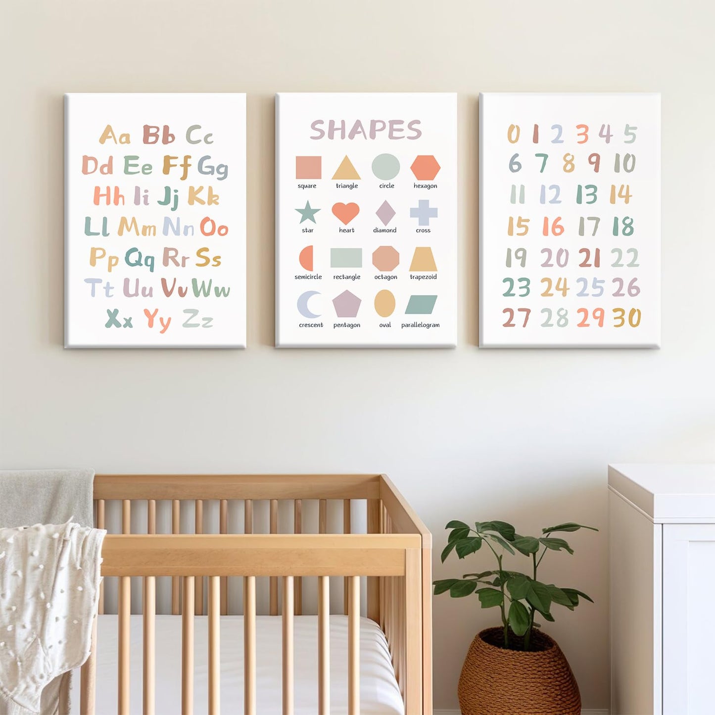 Kids Playroom Wall Art Decor Nursery ABC Alphabet Poster Play Room Canvas Wall Decor Toddler Childrens Educational Artwork Numbers Shapes Prints ABC Picture for Playroom 12x16 Inch Ready to Hang 3Pcs