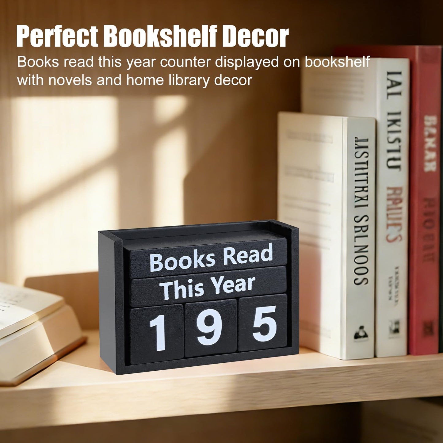 Books Read This Year Counter - Wooden Reading Tracker Block, Adjustable Book Count Display, Black Book Lover Decor for Bookshelf Desk Library Reading Goals Gift (Black)