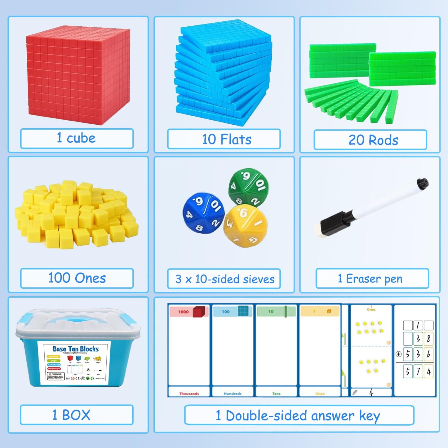 JUGGPENG Base Ten Blocks for Math, Place Value Blocks, Base 10 Math Manipulatives for Kids, Plastic Math Cubes, Number Blocks, Math Counting Cubes for Kindergarten 1st-3rd Grade, 137 Pcs