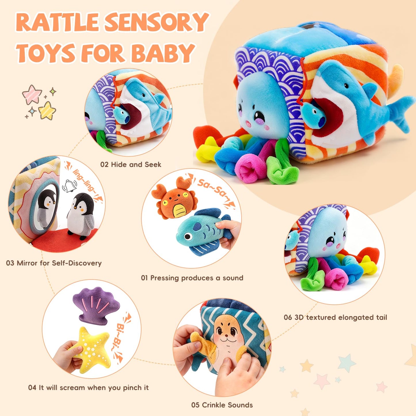 SAIMAND Baby Toys 6-12 Months–Mystery Soft Box with 5 Plush Marine Animals,Rattle,Crinkle Paper & Mirror–Montessori Sensory Toys for 6 Month Old Babies 1-3 Year Old Boy Girl Birthday